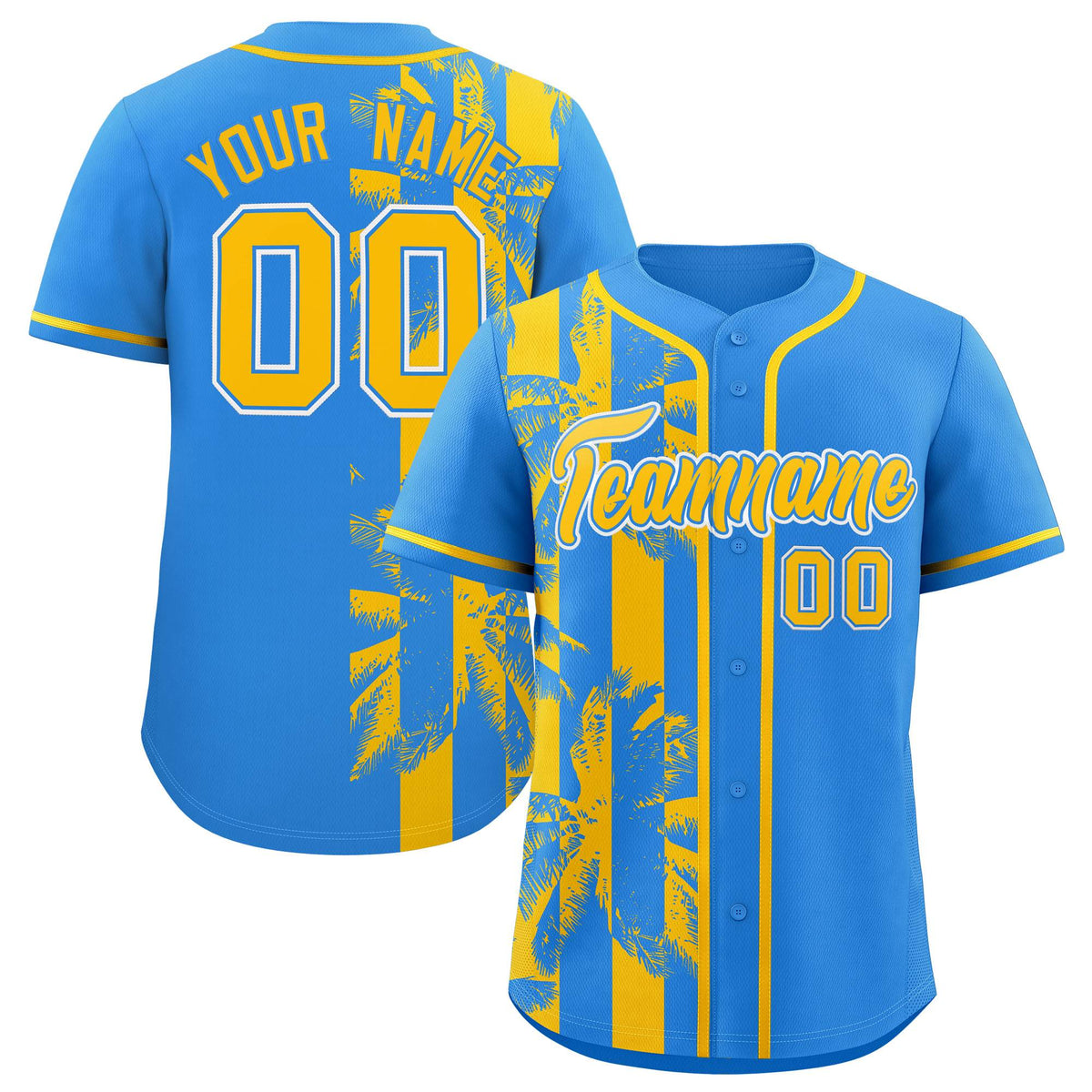 Custom Powder Blue Yellow Split Fashion Coconut Tree Design Authentic Baseball Jersey| KXKSHOP