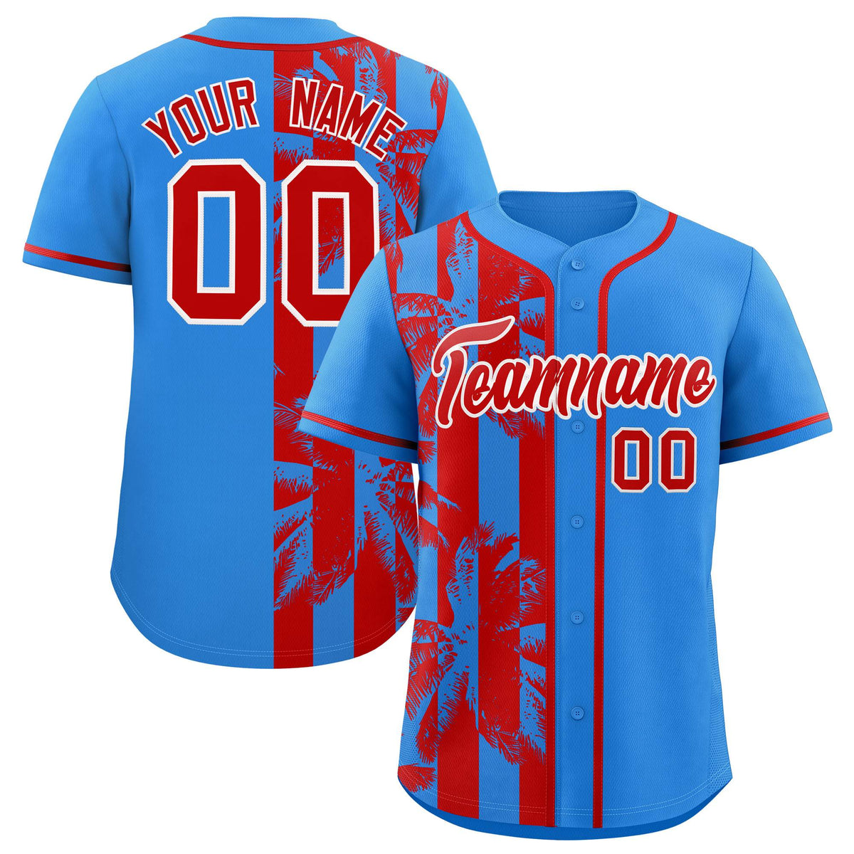 Custom Powder Blue Red Split Fashion Coconut Tree Design Authentic Baseball Jersey| KXKSHOP