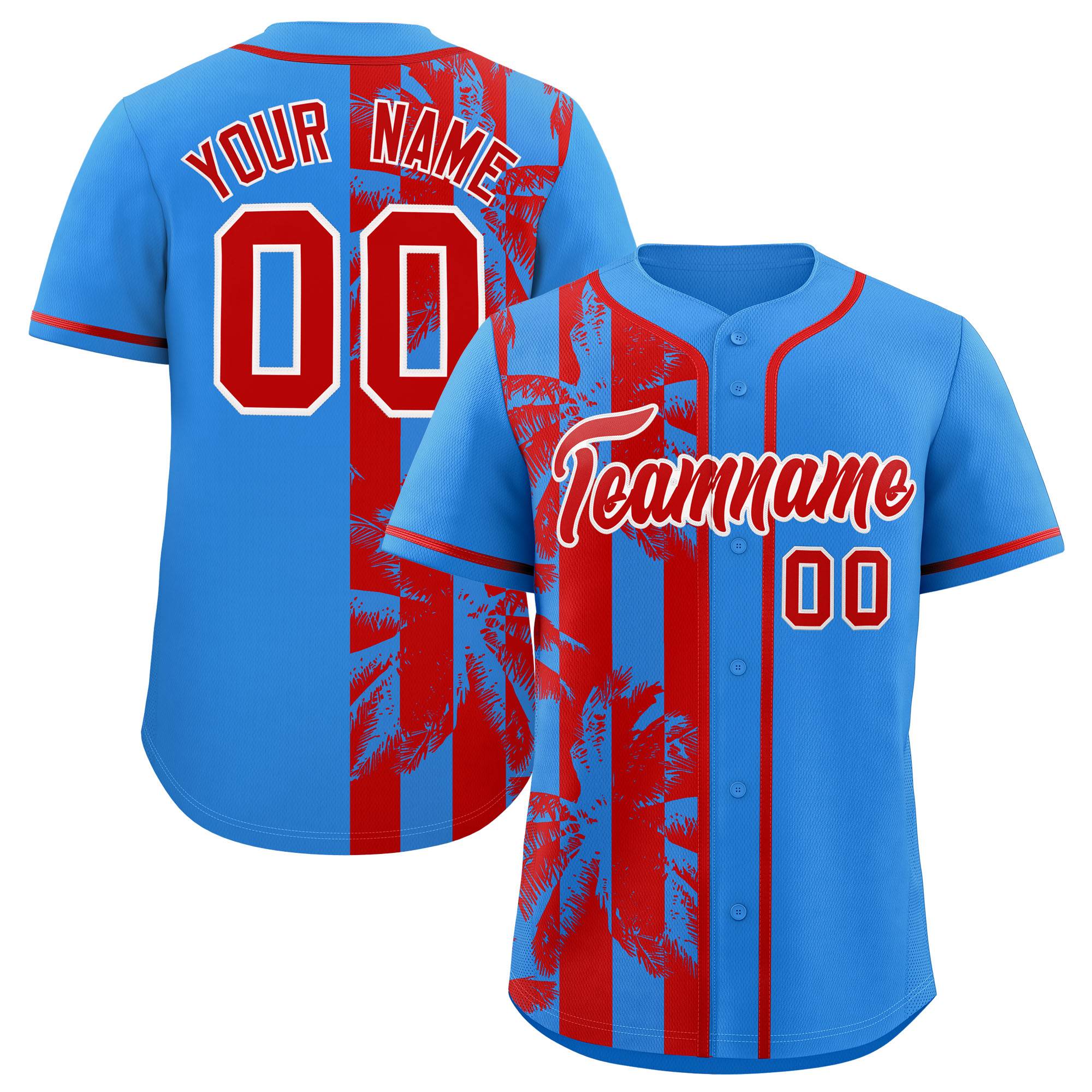 Custom Powder Blue Red Split Fashion Coconut Tree Design Authentic Baseball Jersey| KXKSHOP