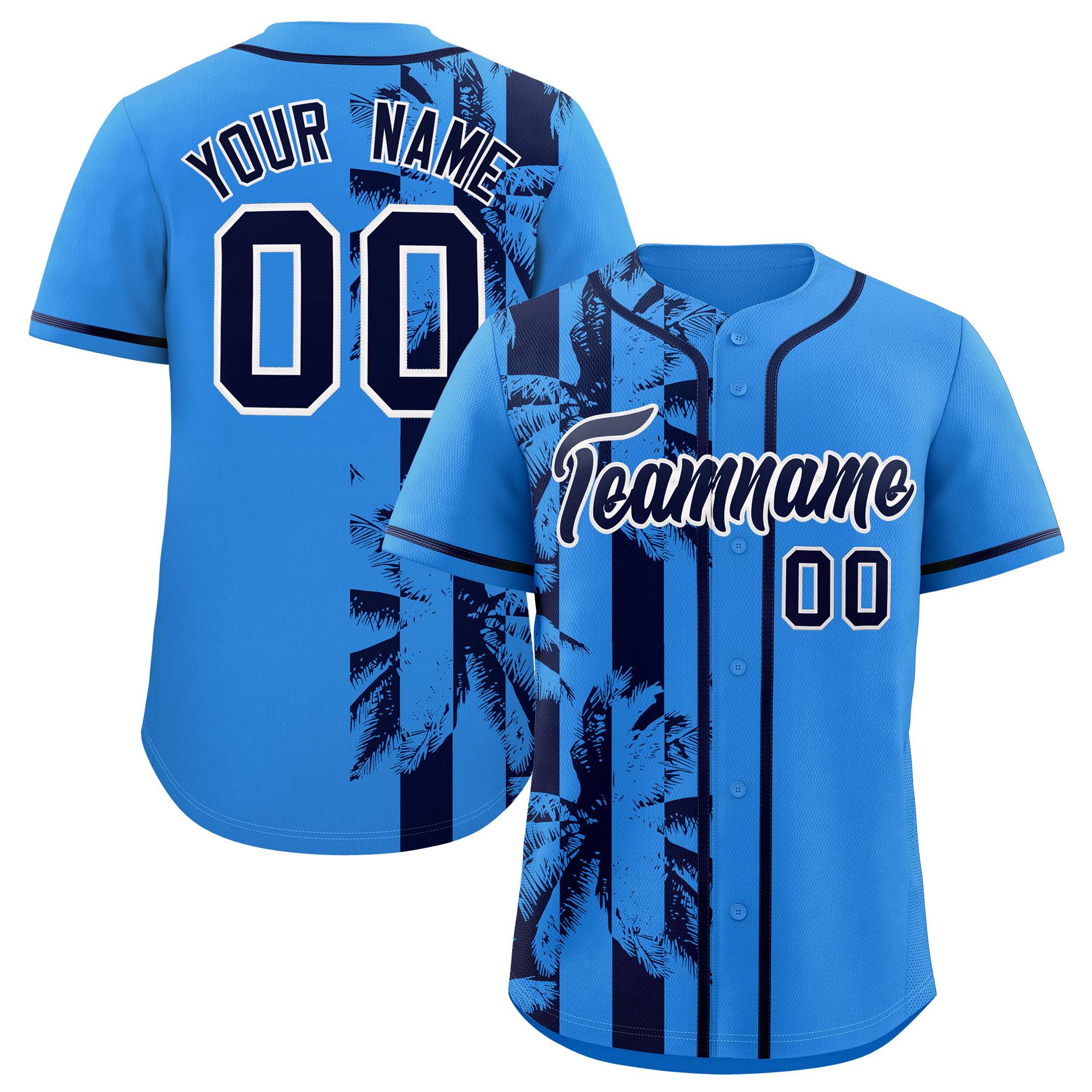 Custom Powder Blue Navy Split Fashion Coconut Tree Design Authentic Baseball Jersey| KXKSHOP
