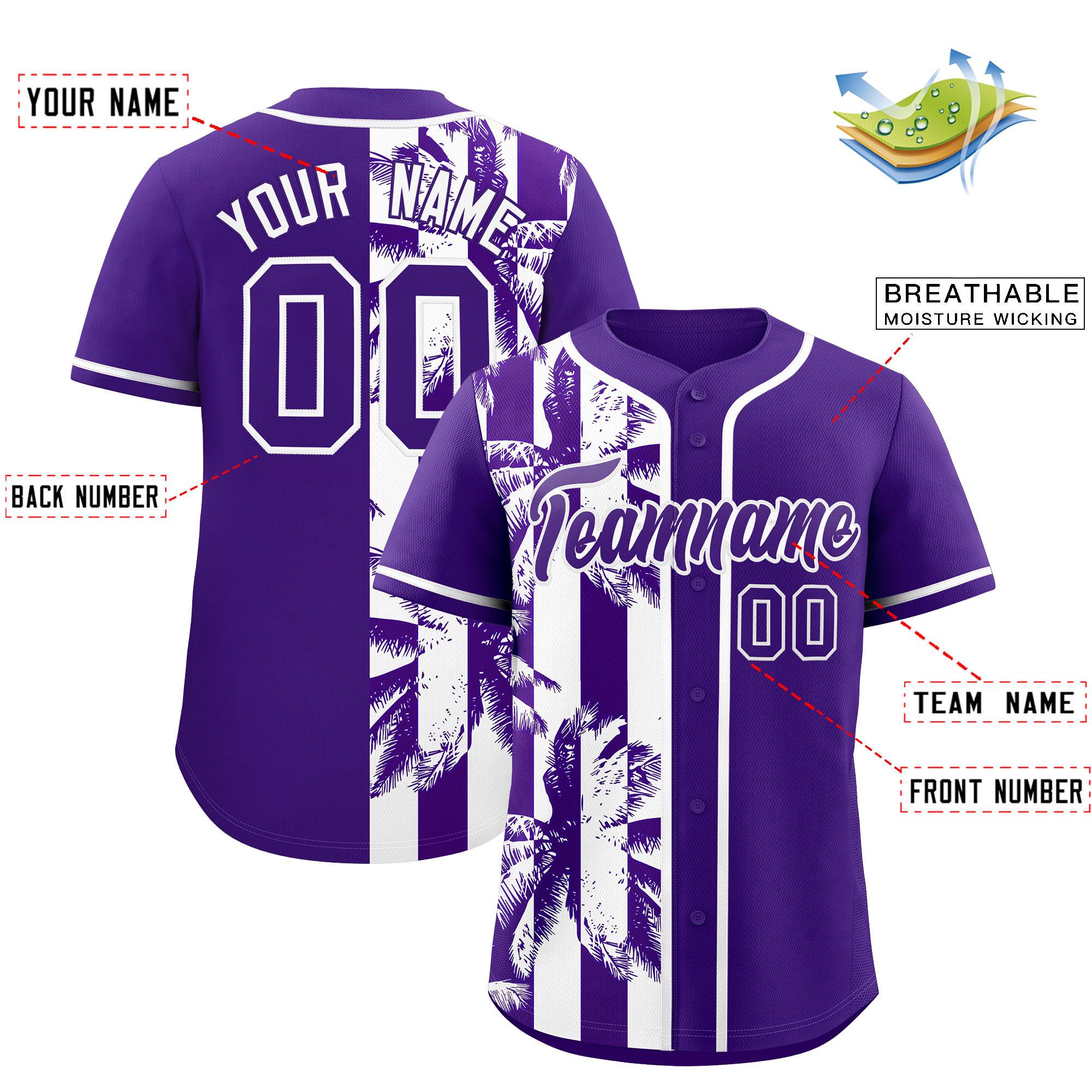 Custom Purple White Split Fashion Coconut Tree Design Authentic Baseball Jersey| KXKSHOP