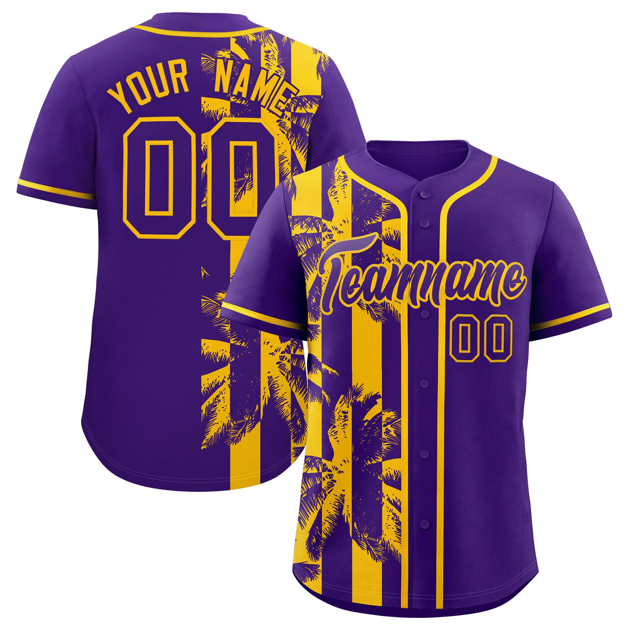 Custom Purple Yellow Split Fashion Coconut Tree Design Authentic Baseball Jersey| KXKSHOP