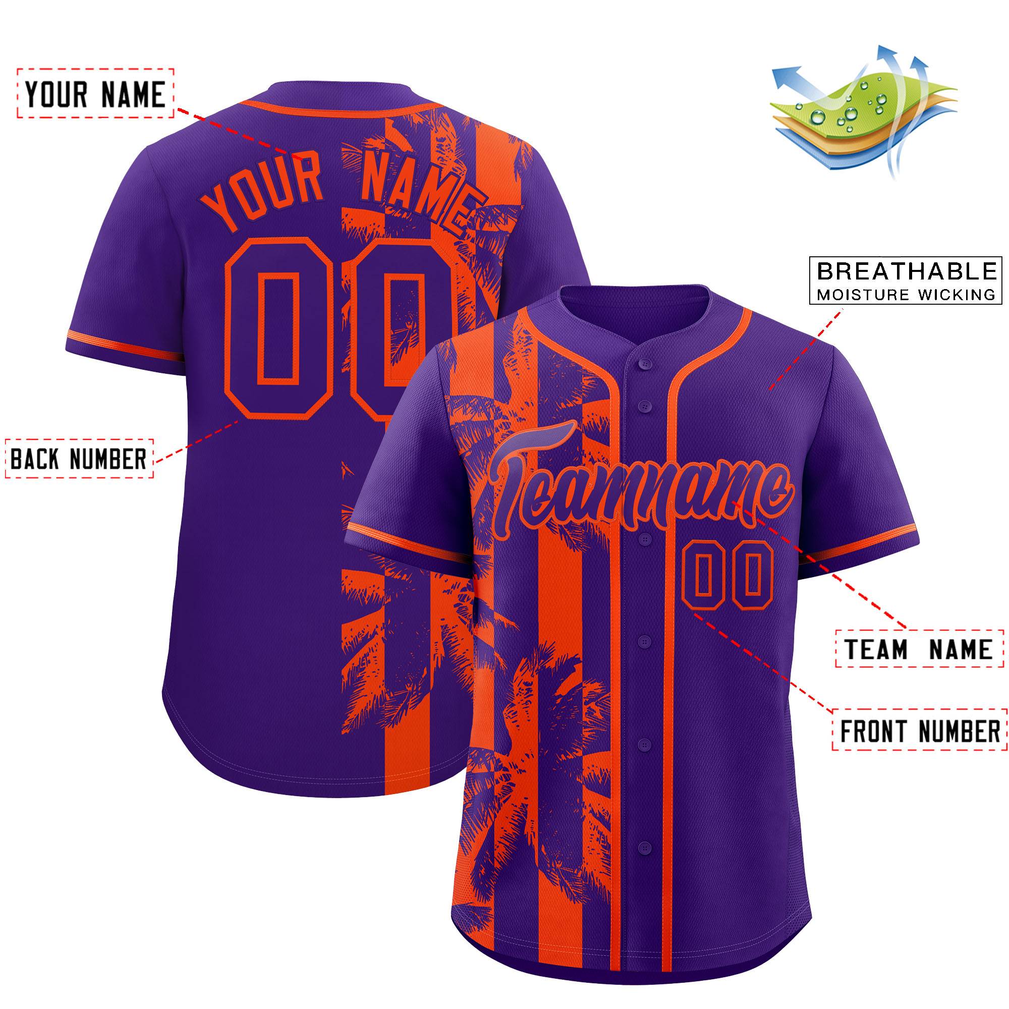 Custom Purple Orange Split Fashion Coconut Tree Design Authentic Baseball Jersey| KXKSHOP