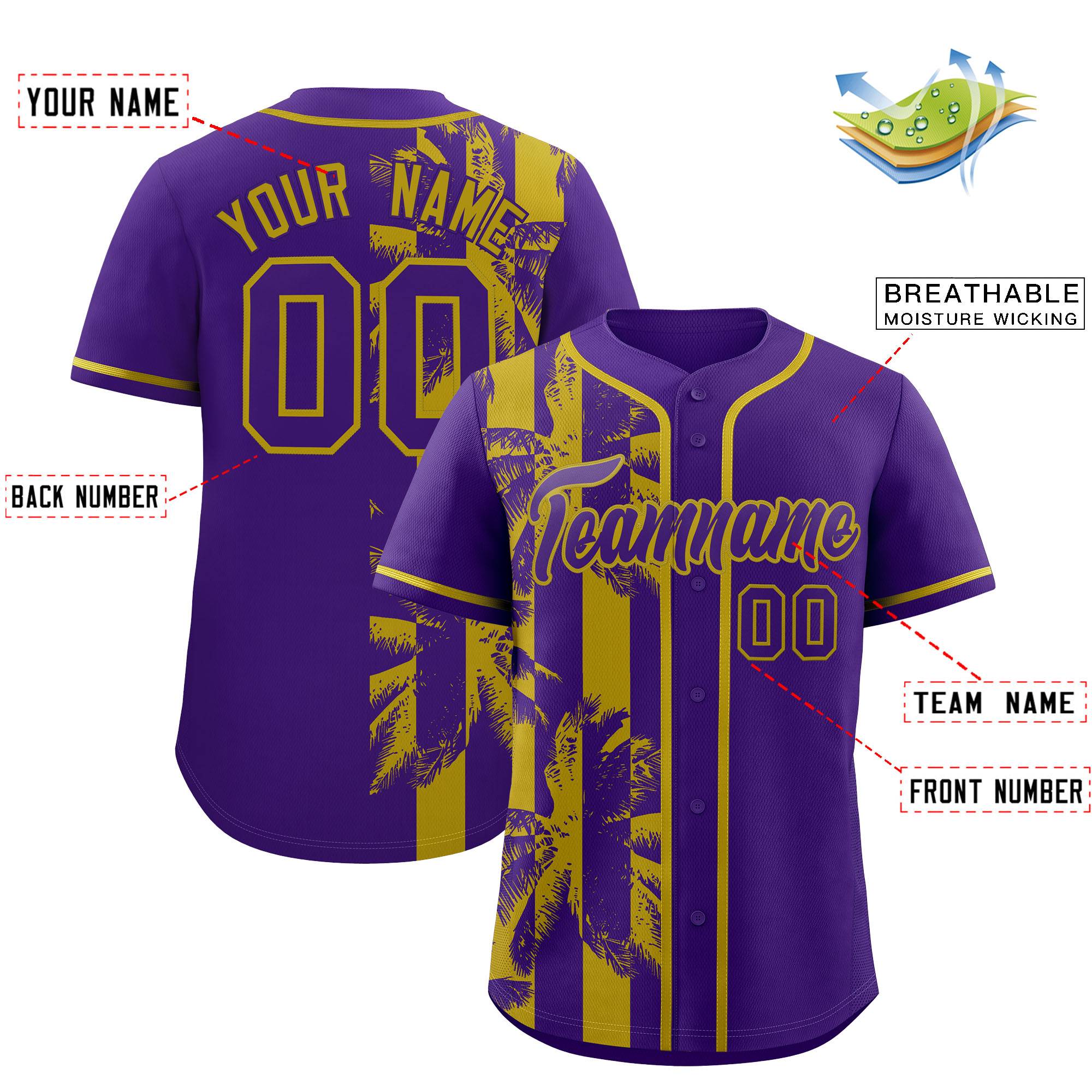 Custom Purple Old Gold Split Fashion Coconut Tree Design Authentic Baseball Jersey| KXKSHOP