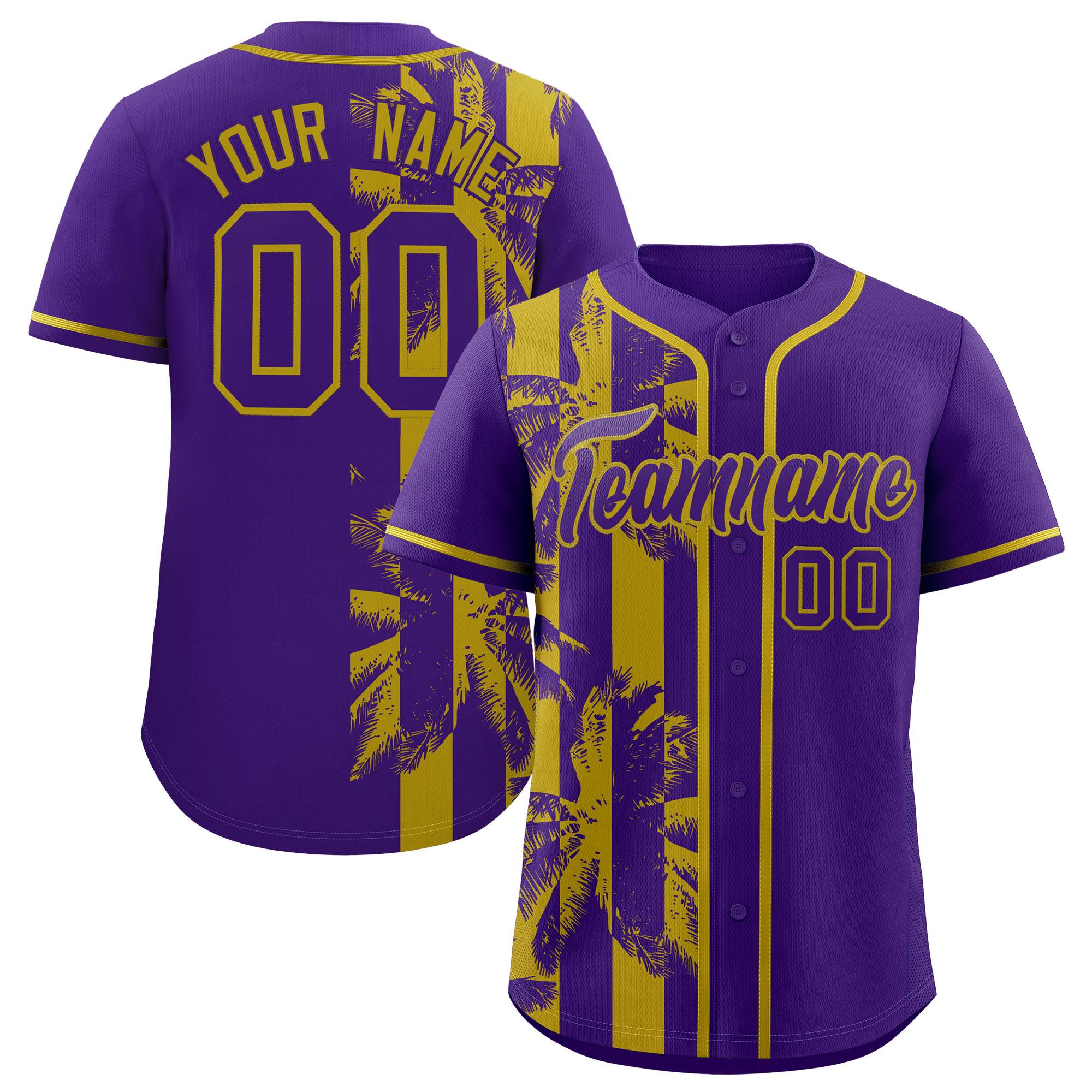 Custom Purple Old Gold Split Fashion Coconut Tree Design Authentic Baseball Jersey| KXKSHOP