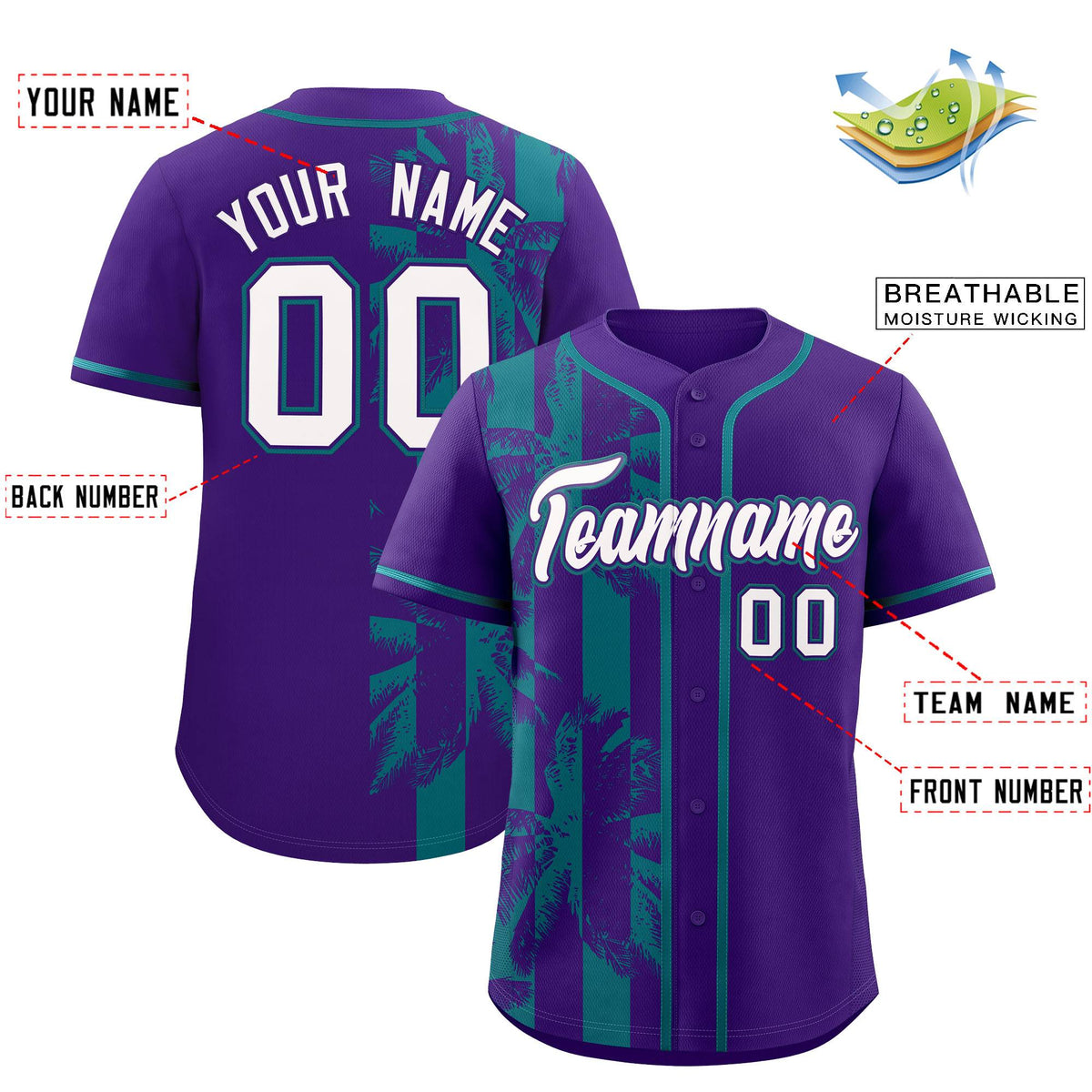 Custom Purple Teal Split Fashion Coconut Tree Design Authentic Baseball Jersey| KXKSHOP