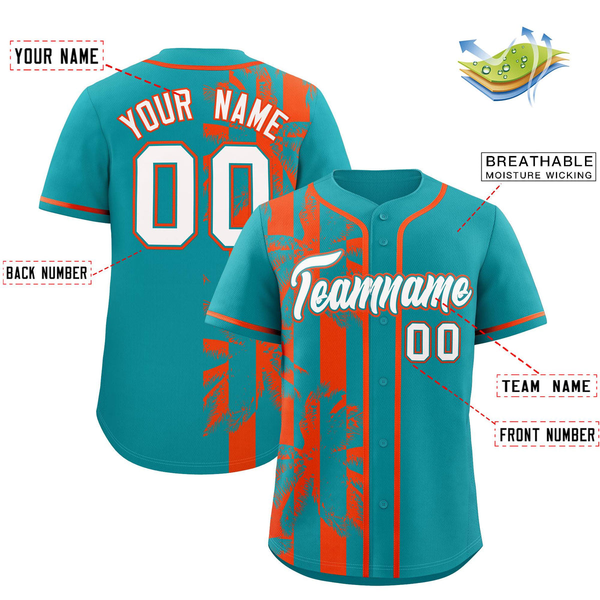 Custom Aqua Orange Split Fashion Coconut Tree Design Authentic Baseball Jersey| KXKSHOP