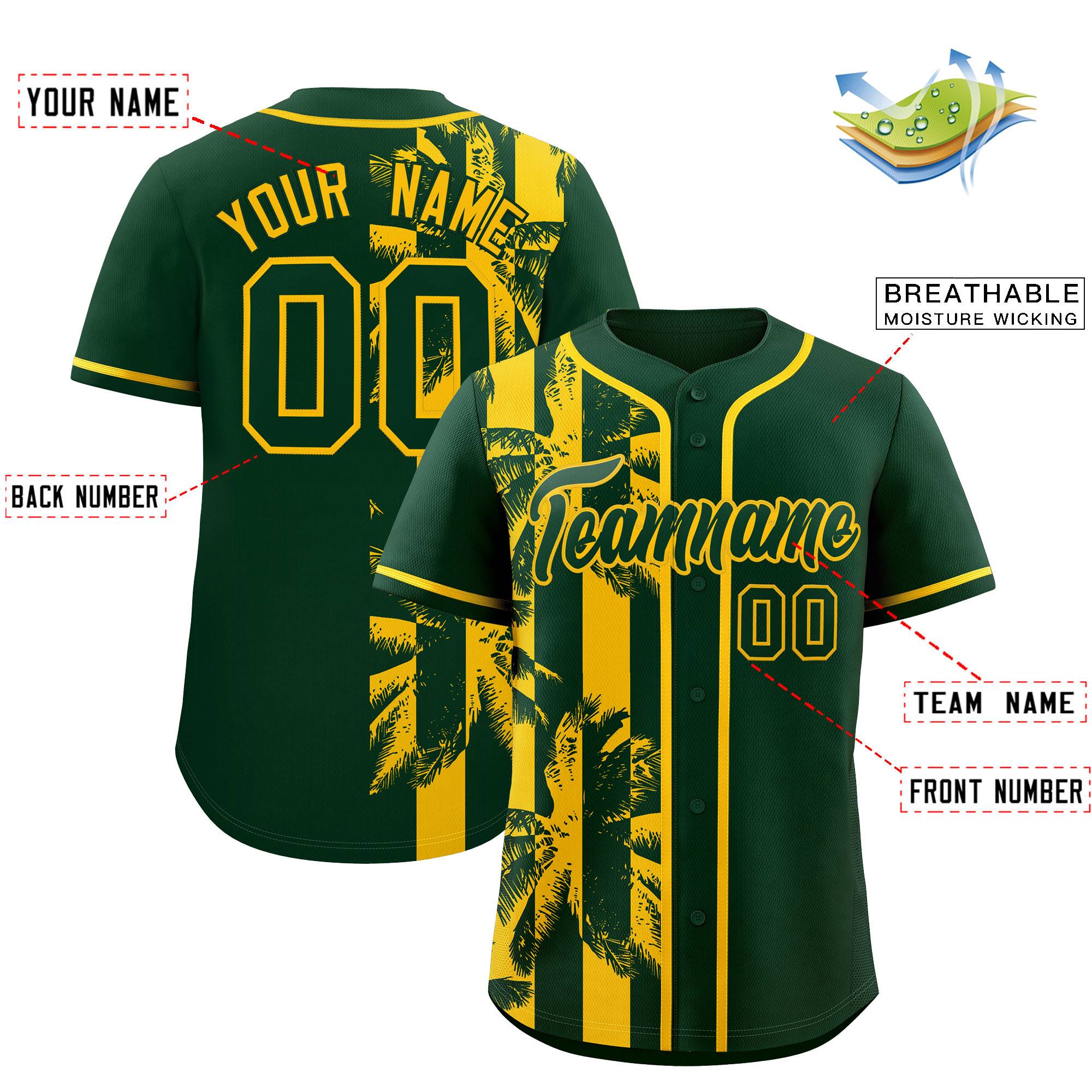 Custom Green Yellow Split Fashion Coconut Tree Design Authentic Baseball Jersey| KXKSHOP