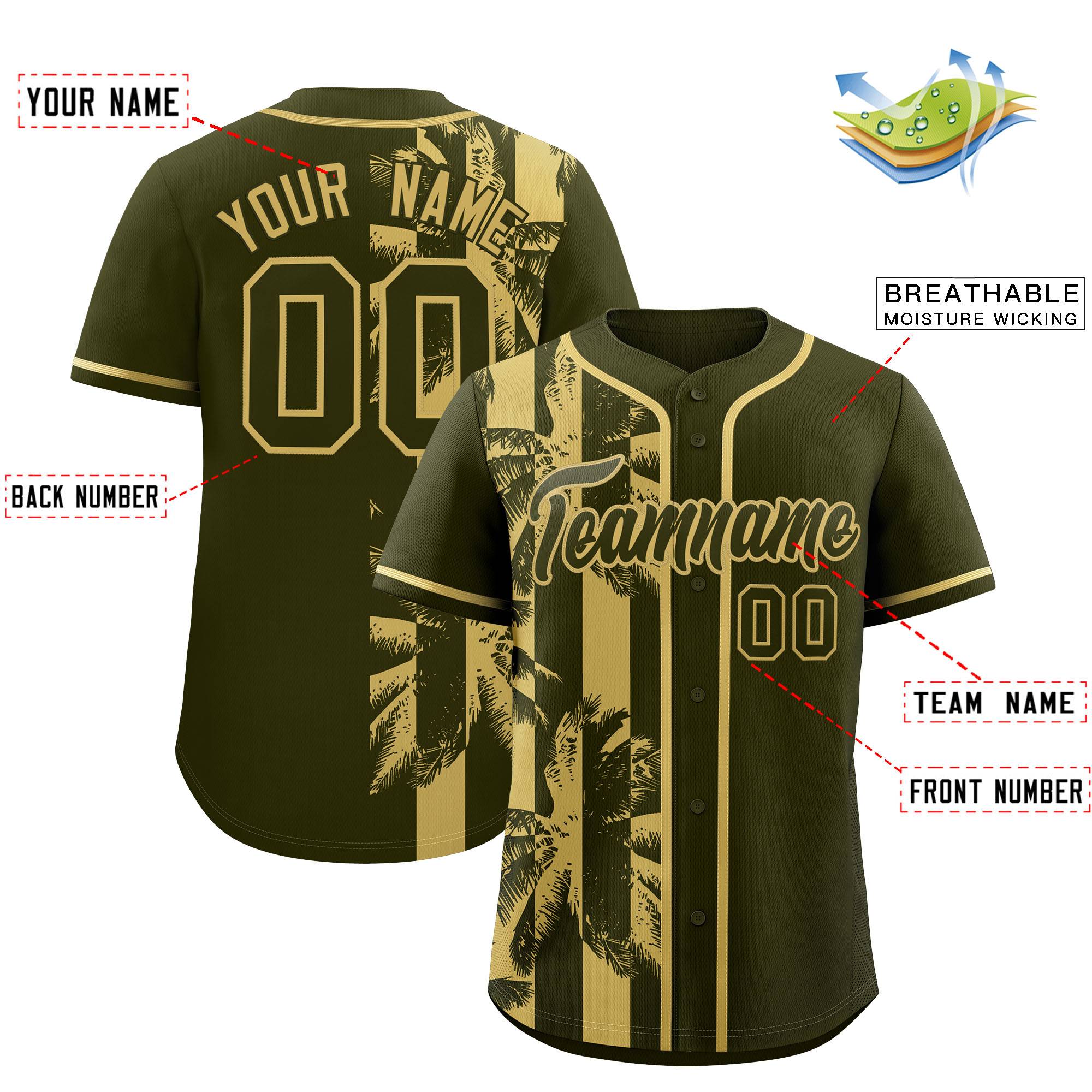 Custom Olive Khaki Split Fashion Coconut Tree Design Authentic Baseball Jersey| KXKSHOP