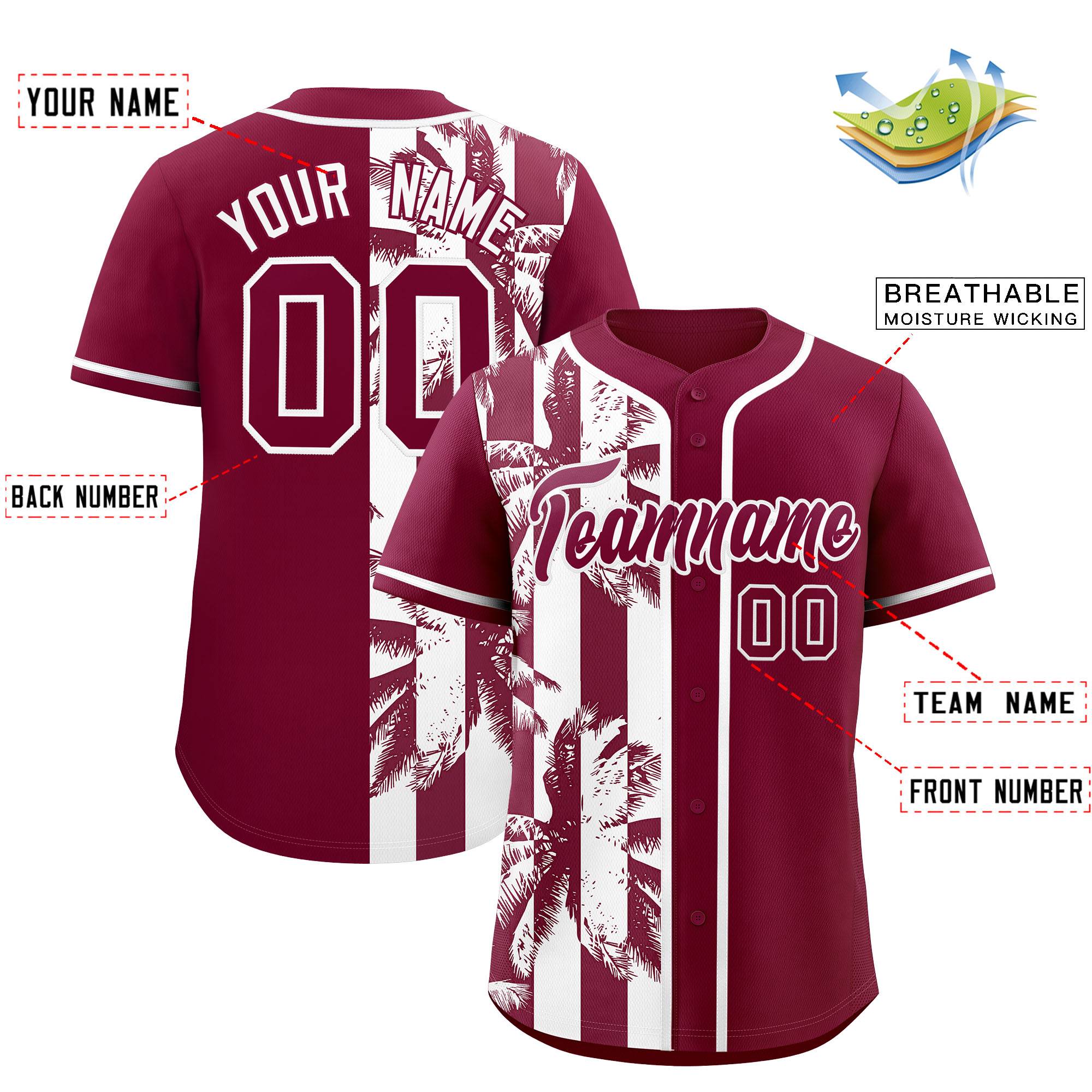 Custom Crimson White Split Fashion Coconut Tree Design Authentic Baseball Jersey| KXKSHOP