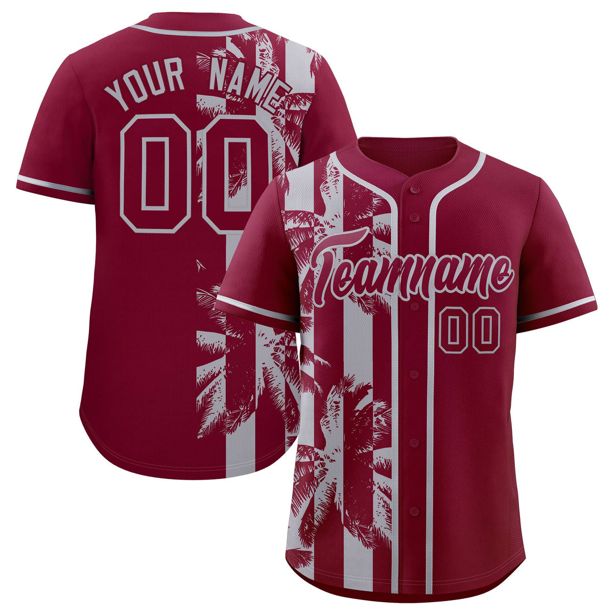 Custom Crimson Gray Split Fashion Coconut Tree Design Authentic Baseball Jersey| KXKSHOP