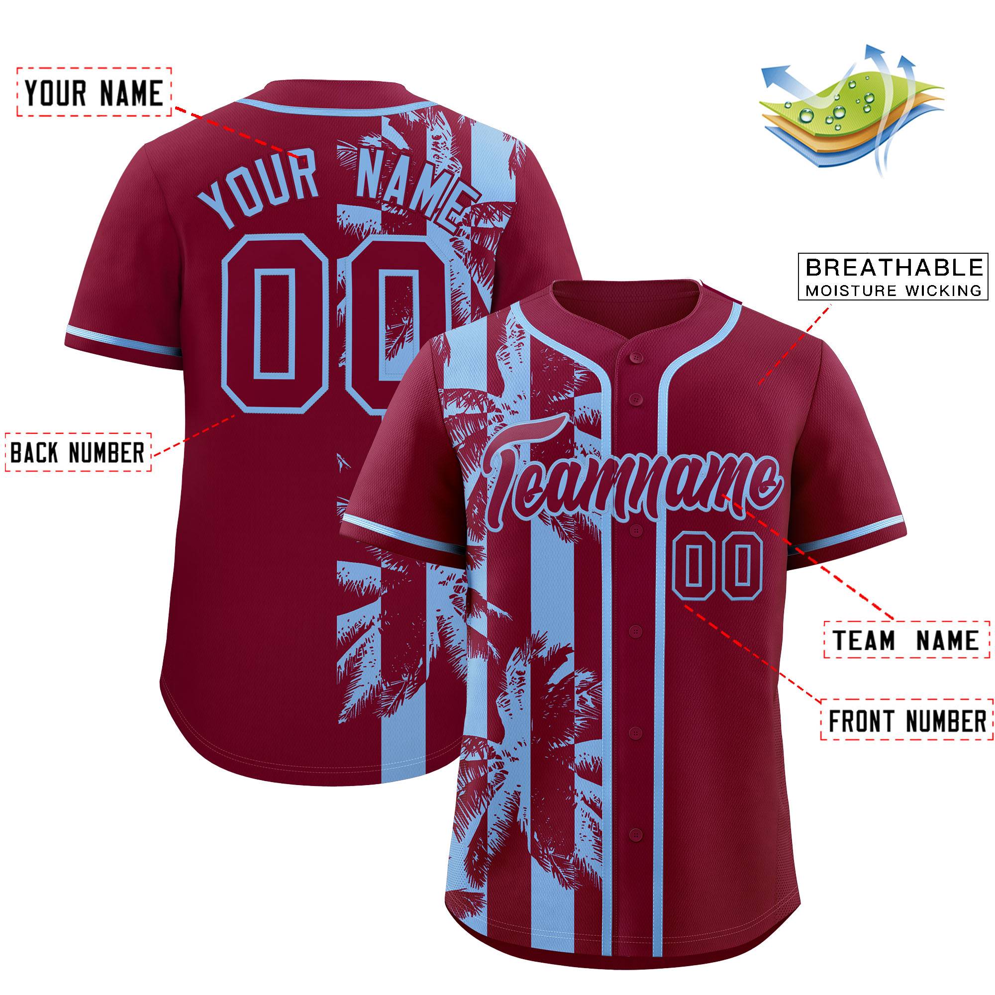 Custom Crimson Powder Blue Split Fashion Coconut Tree Design Authentic Baseball Jersey| KXKSHOP