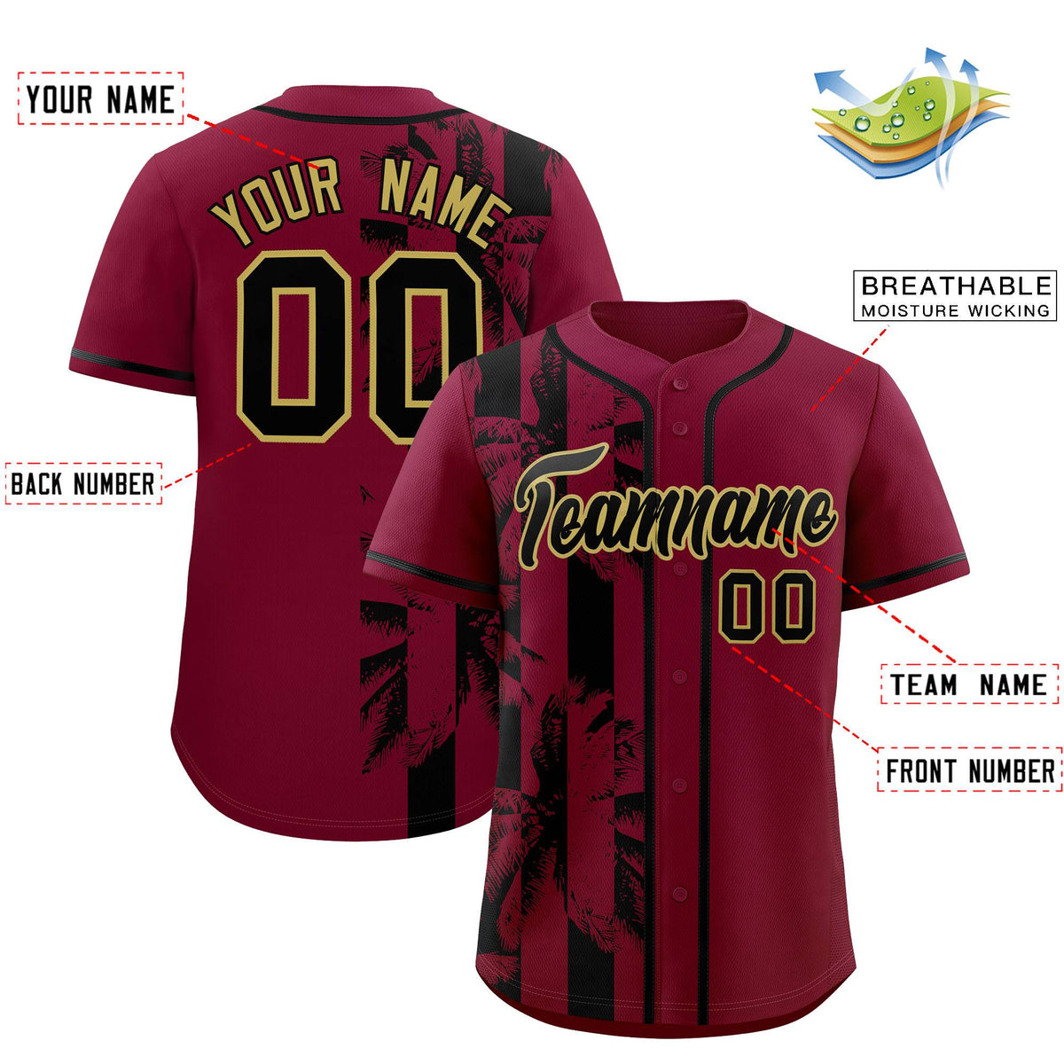 Custom Crimson Black Split Fashion Coconut Tree Design Authentic Baseball Jersey| KXKSHOP