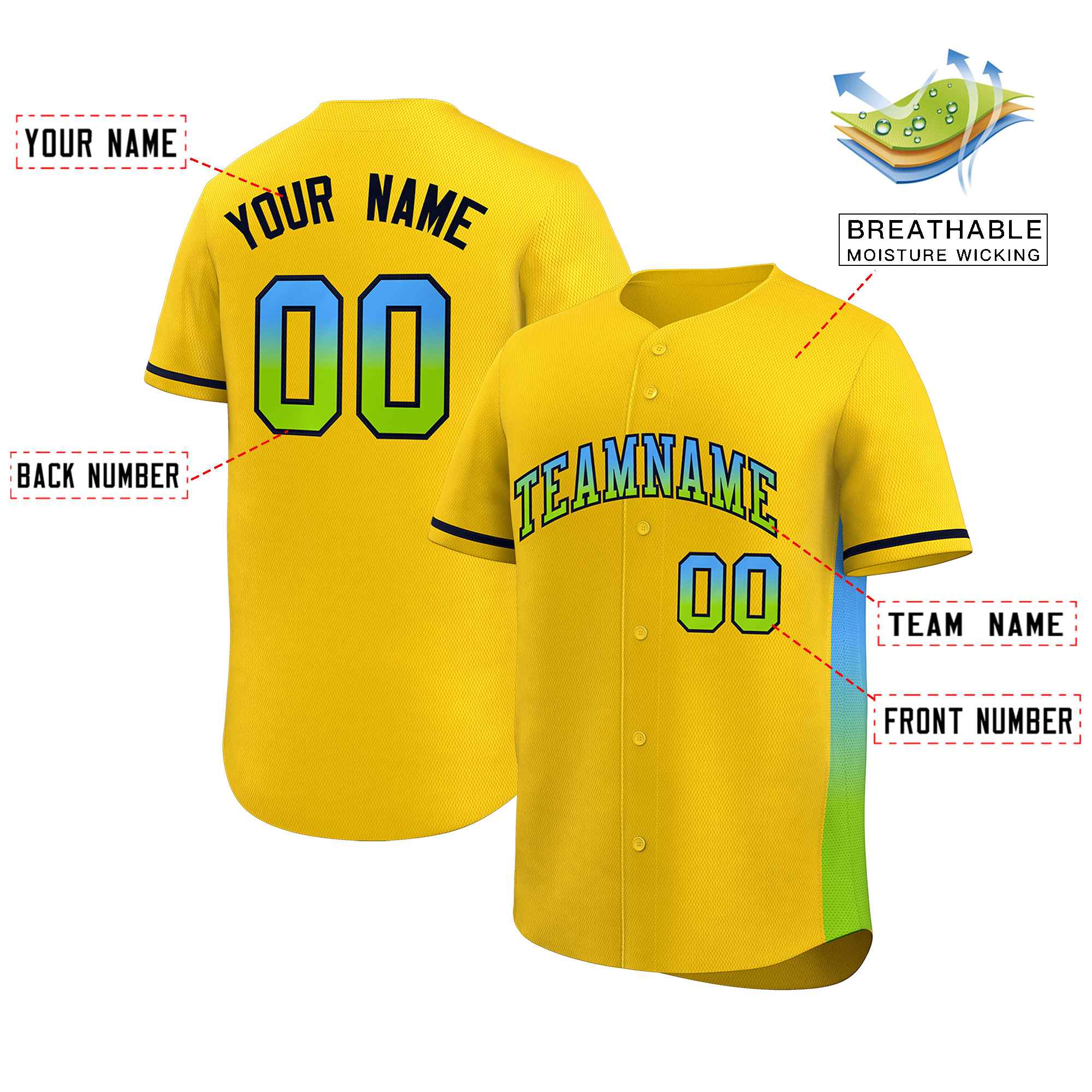 Custom Gold Powder Blue-Neon Green Personalized Gradient Font And Side Design Authentic Baseball Jersey