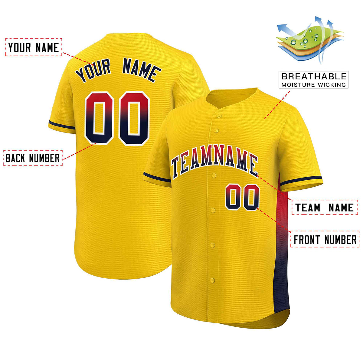 Custom Gold Red-Black Personalized Gradient Font And Side Design Authentic Baseball Jersey
