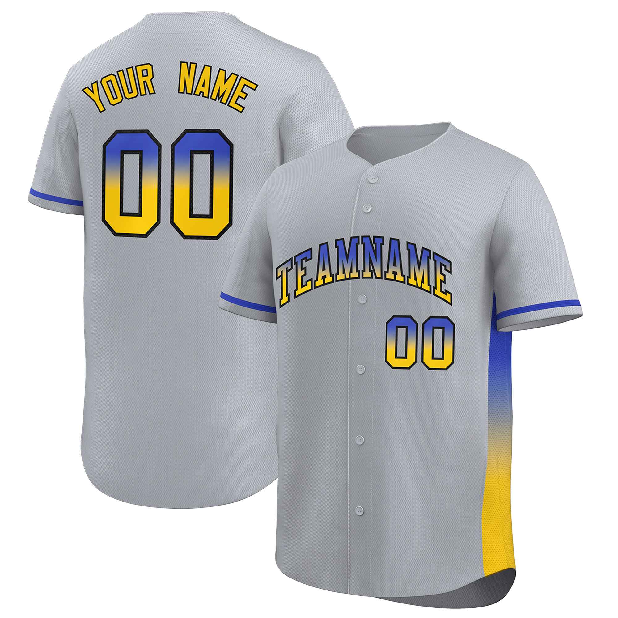Custom Light Gray Royal-Gold Personalized Gradient Font And Side Design Authentic Baseball Jersey
