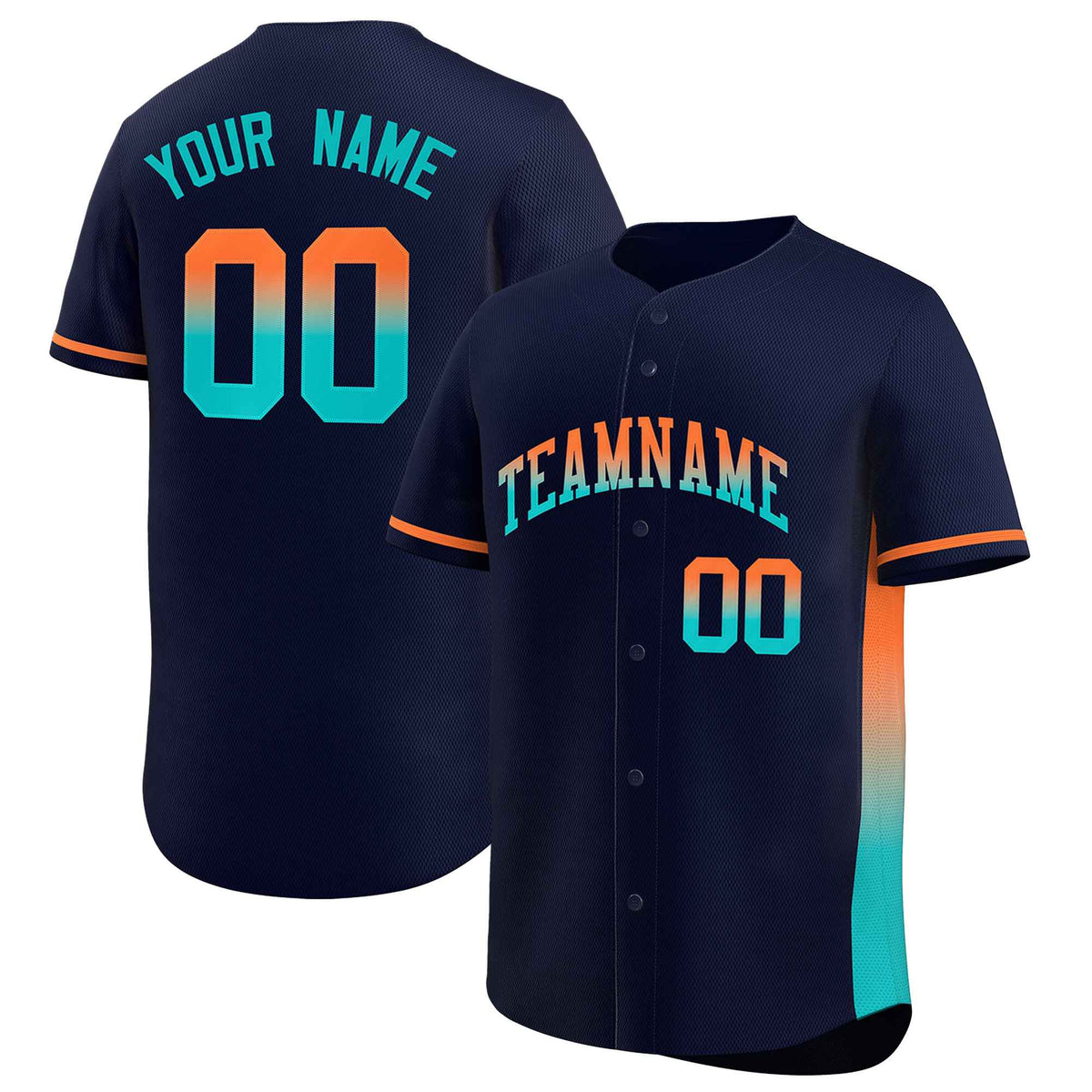 Custom Navy Orange-Aqua Personalized Gradient Font And Side Design Authentic Baseball Jersey
