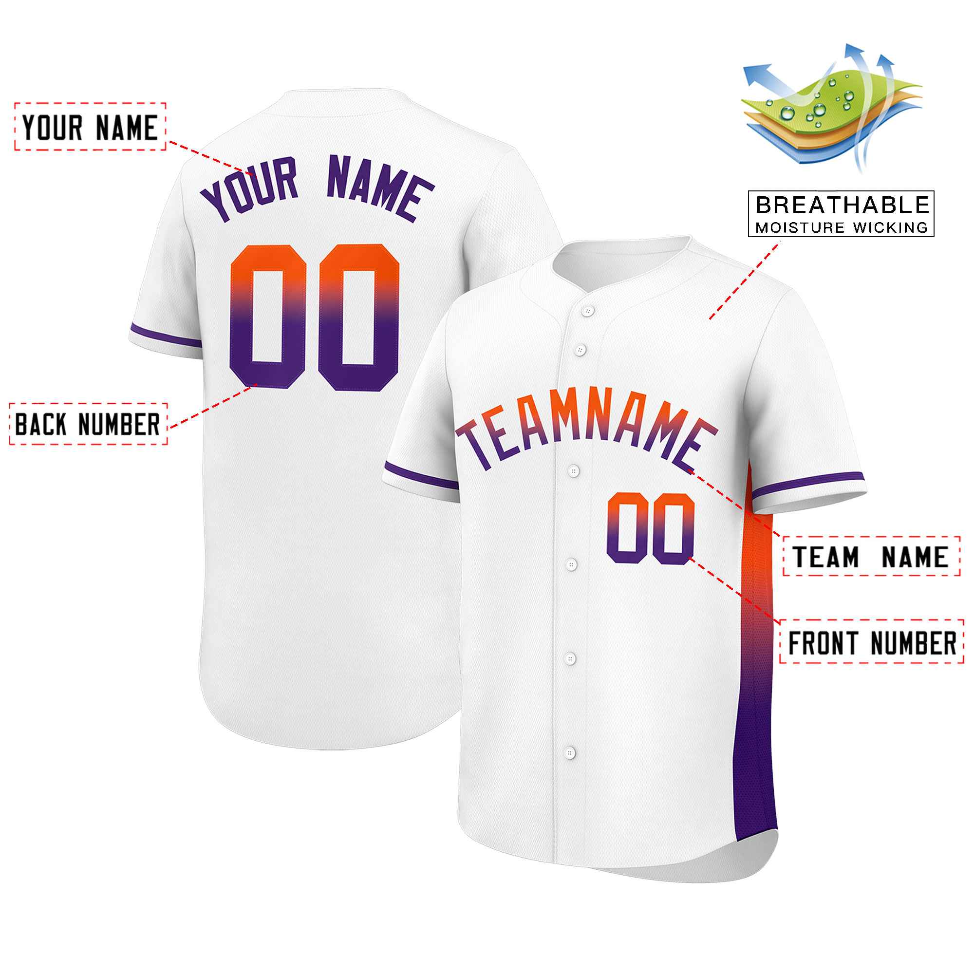 Custom White Orange-Purple Personalized Gradient Font And Side Design Authentic Baseball Jersey