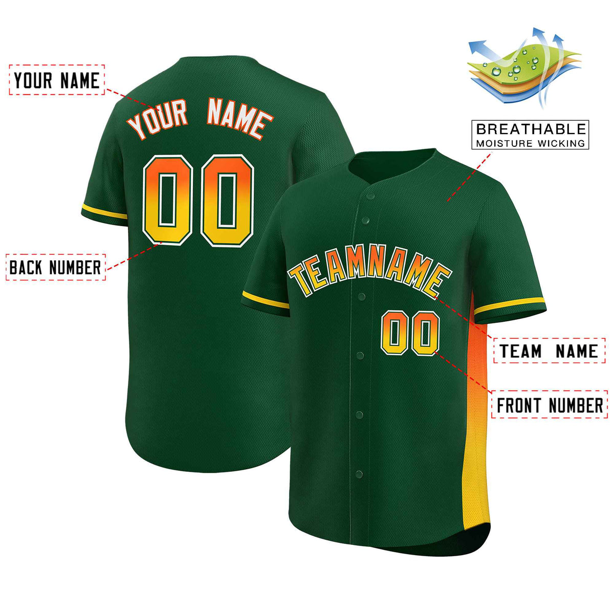 Custom Green Orange-Gold Personalized Gradient Font And Side Design Authentic Baseball Jersey