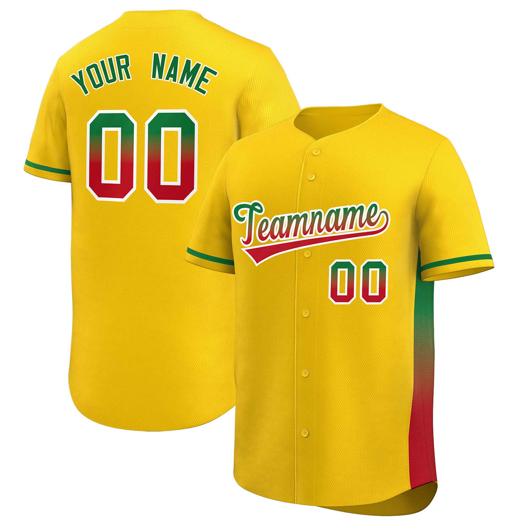 Custom Gold Kelly Green-Red Personalized Gradient Font And Side Design Authentic Baseball Jersey