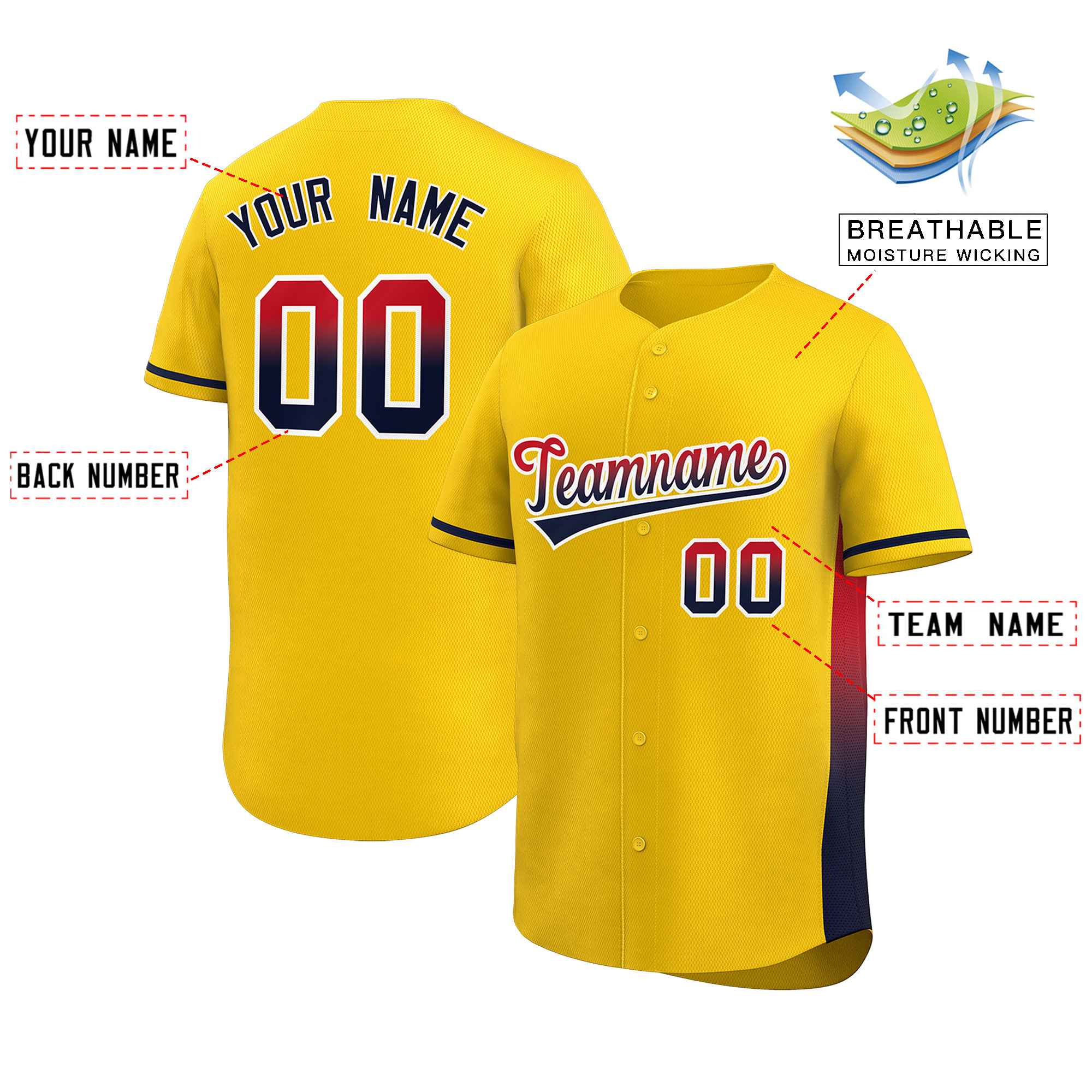 Custom Gold Red-Black Personalized Gradient Font And Side Design Authentic Baseball Jersey