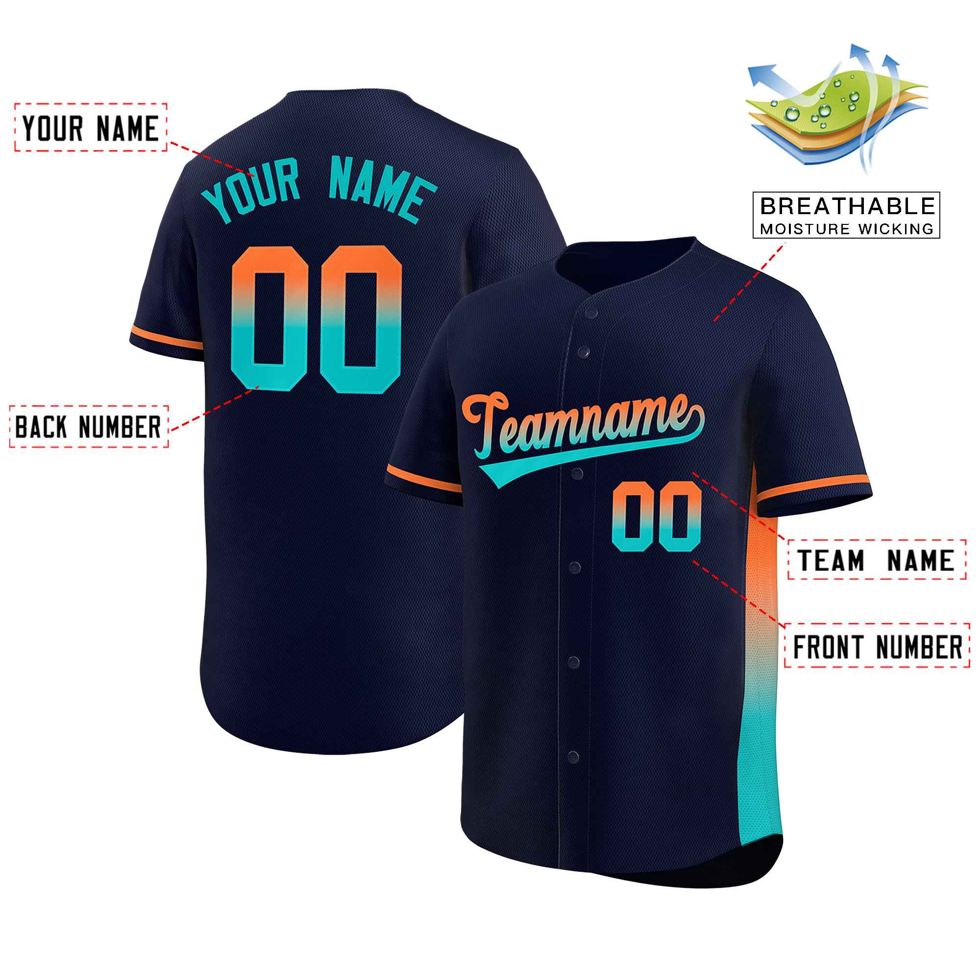 Custom Navy Orange-Aqua Personalized Gradient Font And Side Design Authentic Baseball Jersey