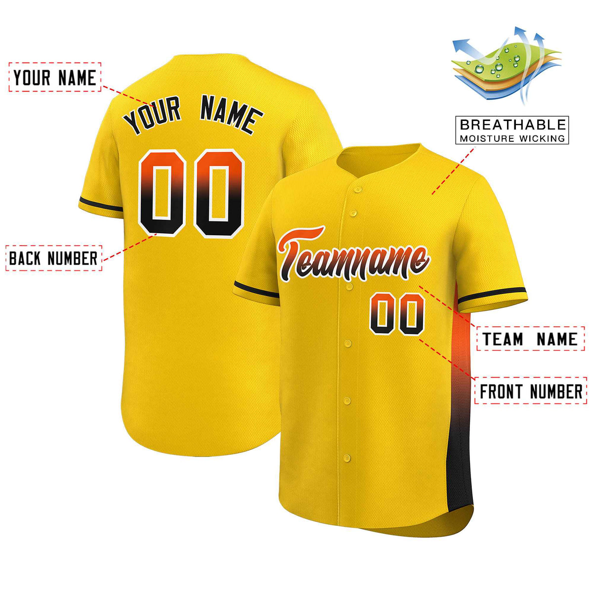 Custom Gold Orange-Black Personalized Gradient Font And Side Design Authentic Baseball Jersey