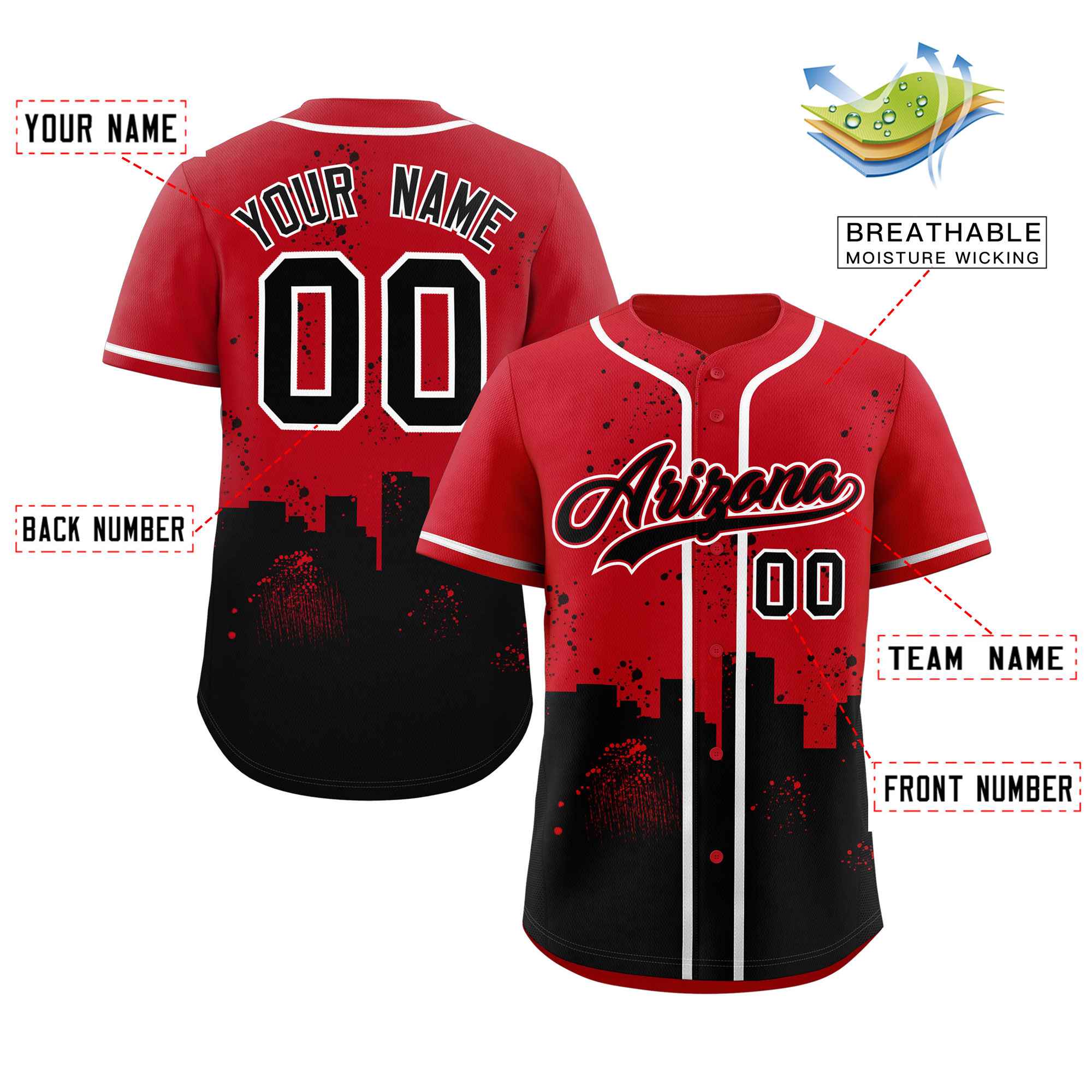 Custom Red Black Personalized Arizona City Nightscape Authentic Baseball Jersey