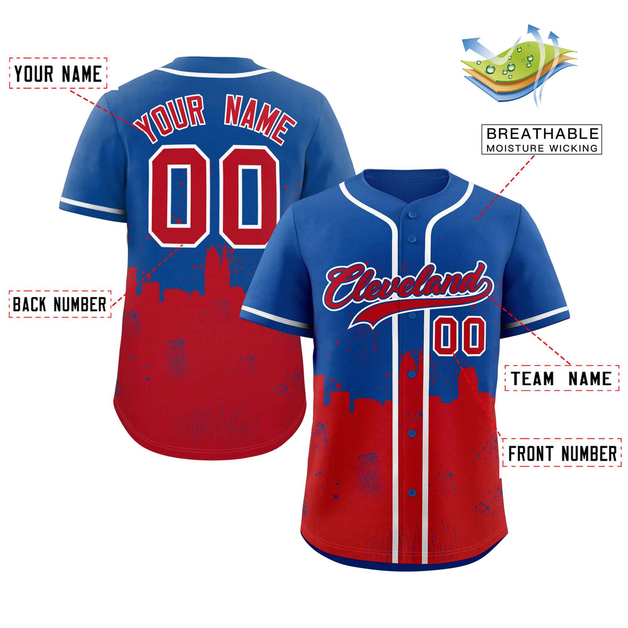 Custom Royal Red Personalized Cleveland City Nightscape Authentic Baseball Jersey