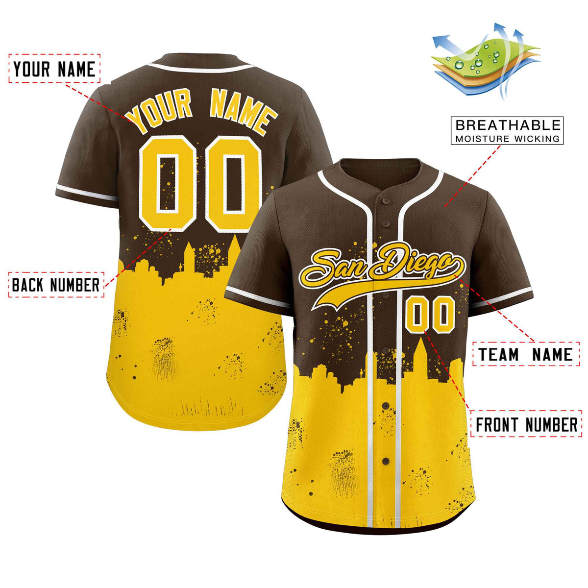 Custom Light Brown Yellow Personalized San Diego City Nightscape Authentic Baseball Jersey