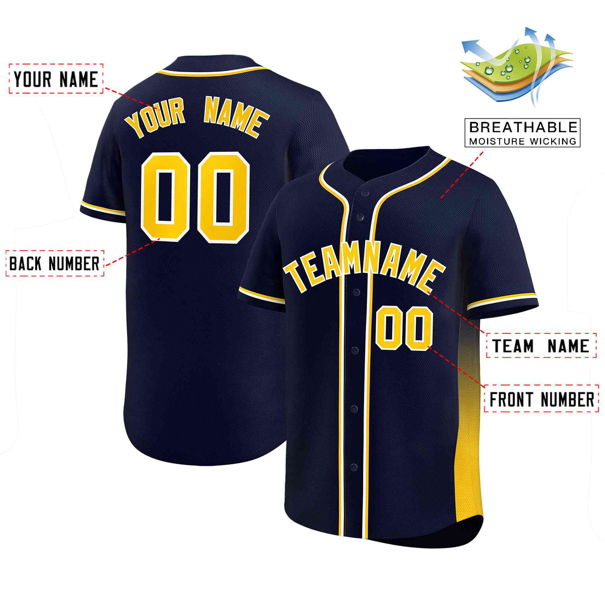 Custom Navy Gold Personalized Gradient Side Design Authentic Baseball Jersey