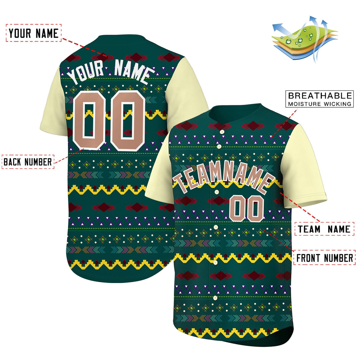 Custom Midnight Green Cream White Mexican style Breathable Baseball Jersey| KXKSHOP