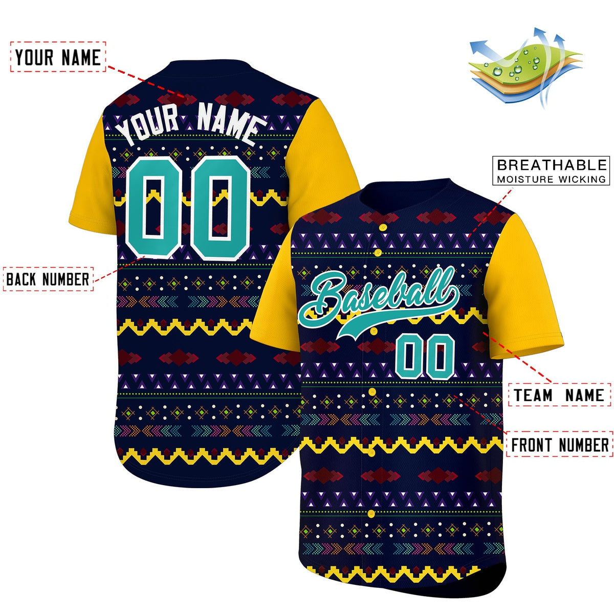 Custom Navy Yellow White Mexican style Lightweight Baseball Jersey| KXKSHOP