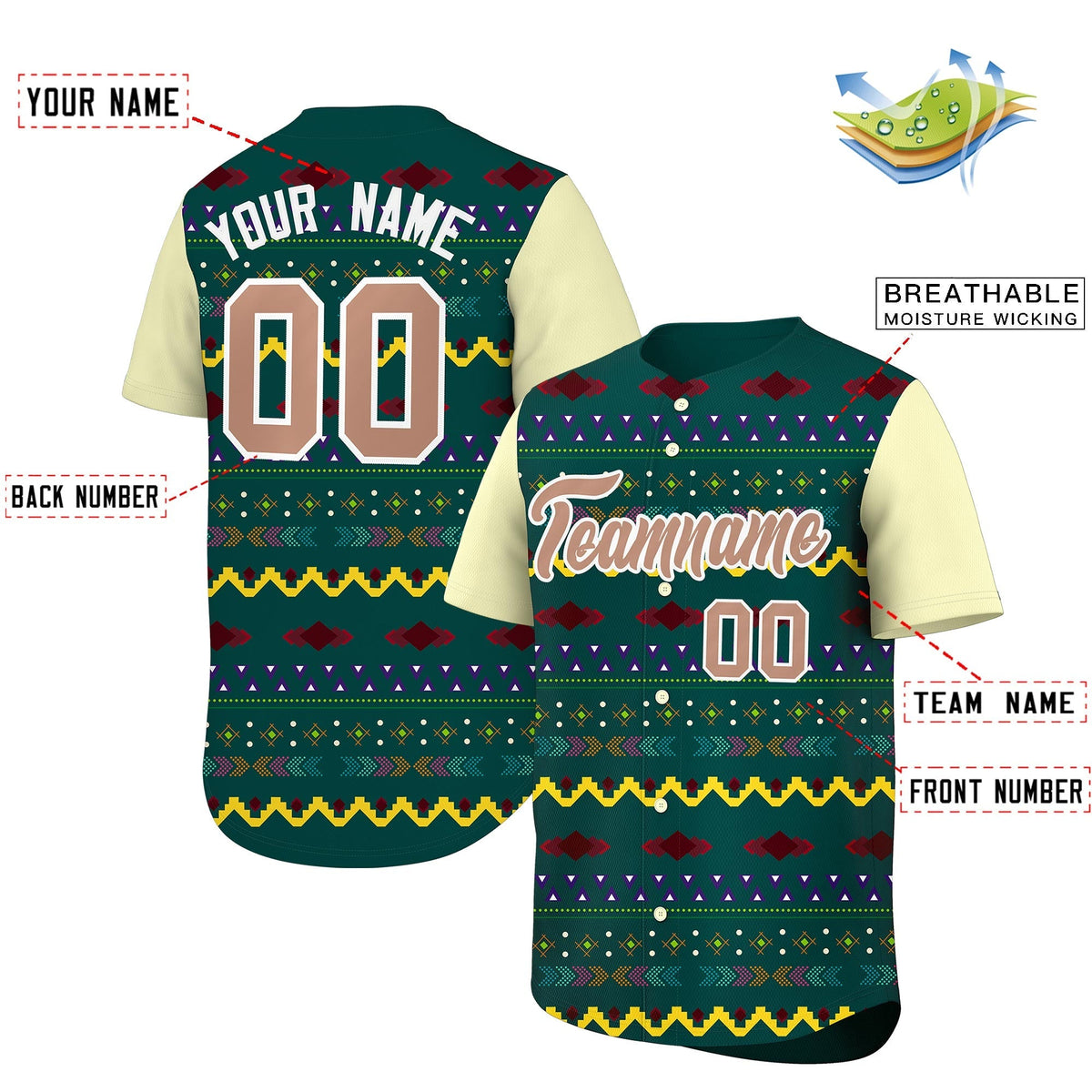 Custom Midnight Green Cream White Mexican style Breathable Baseball Jersey| KXKSHOP