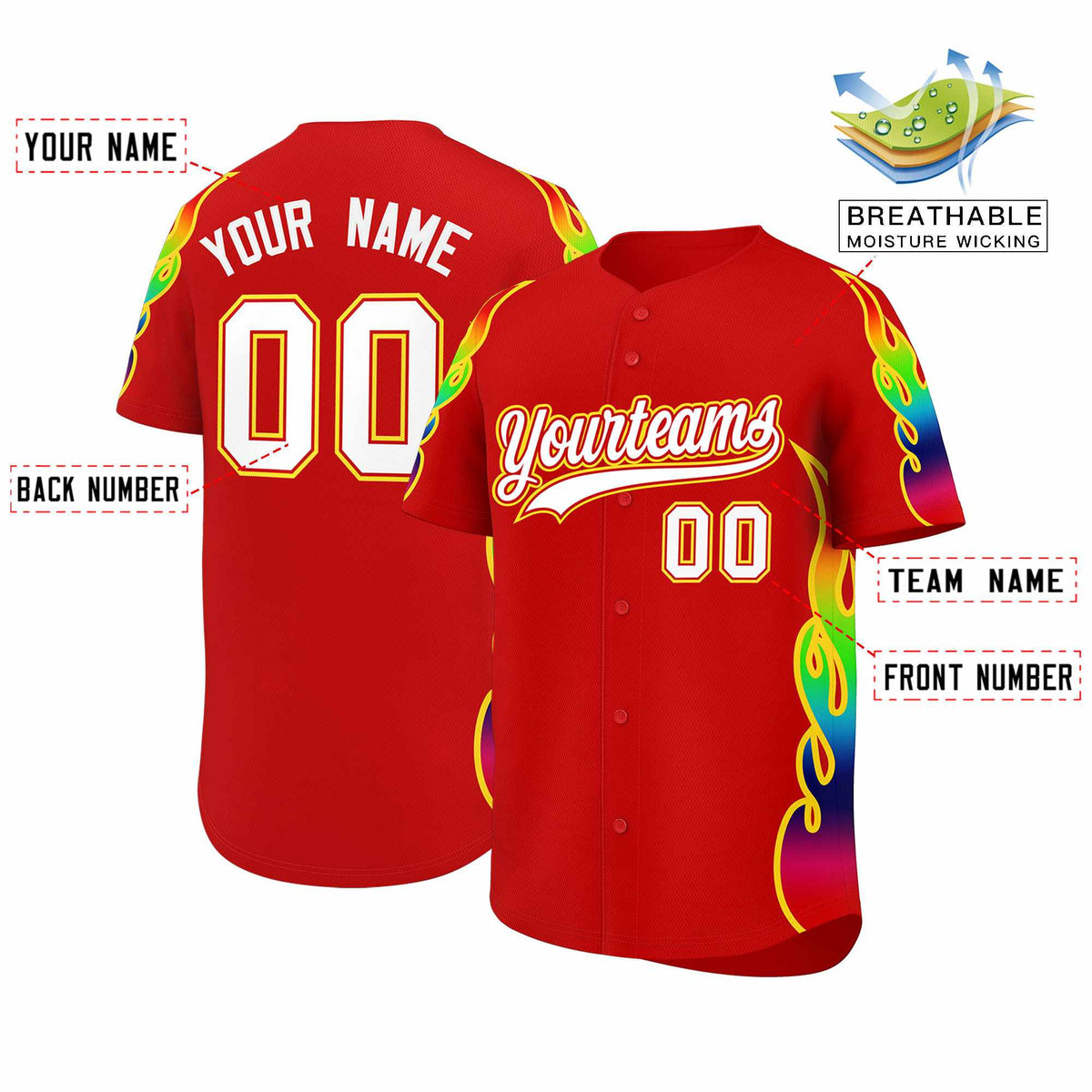Custom Red Graffiti Pattern Personalized Multicolored Flames Print Authentic Baseball Jersey| KXKSHOP
