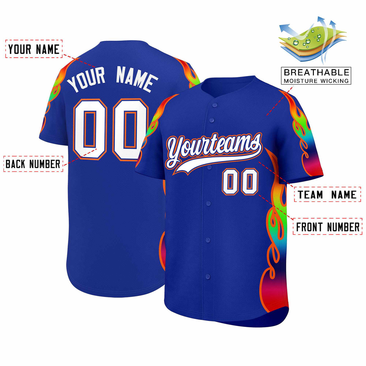 Custom Royal Graffiti Pattern Personalized Multicolored Flames Print Authentic Baseball Jersey| KXKSHOP