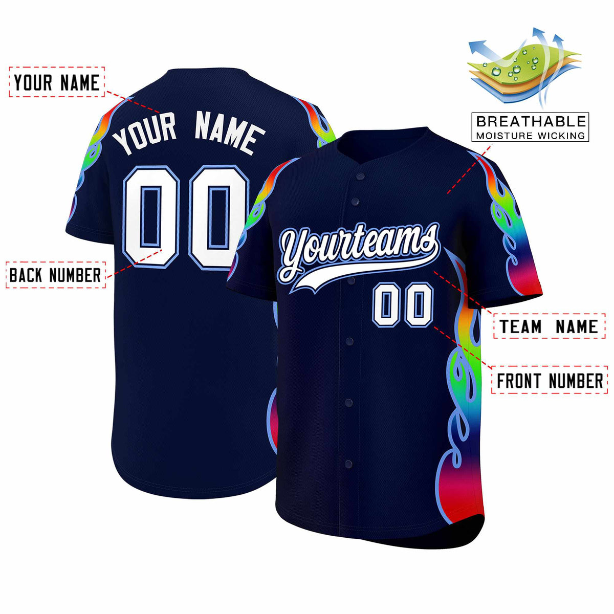 Custom Navy Graffiti Pattern Personalized Multicolored Flames Print Authentic Baseball Jersey| KXKSHOP