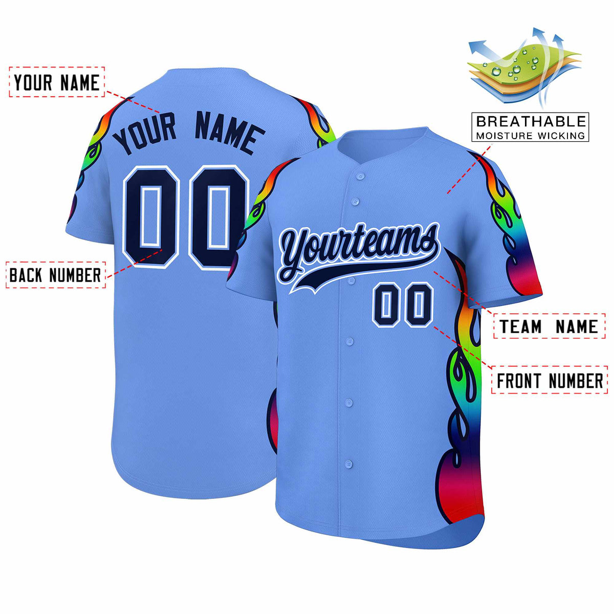 Custom Light Blue Graffiti Pattern Personalized Multicolored Flames Print Authentic Baseball Jersey| KXKSHOP