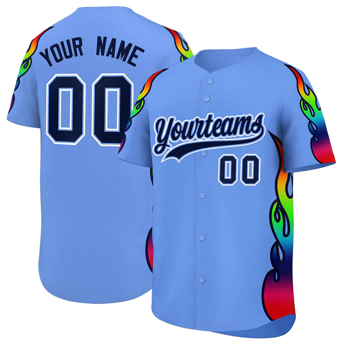 Custom Light Blue Graffiti Pattern Personalized Multicolored Flames Print Authentic Baseball Jersey| KXKSHOP
