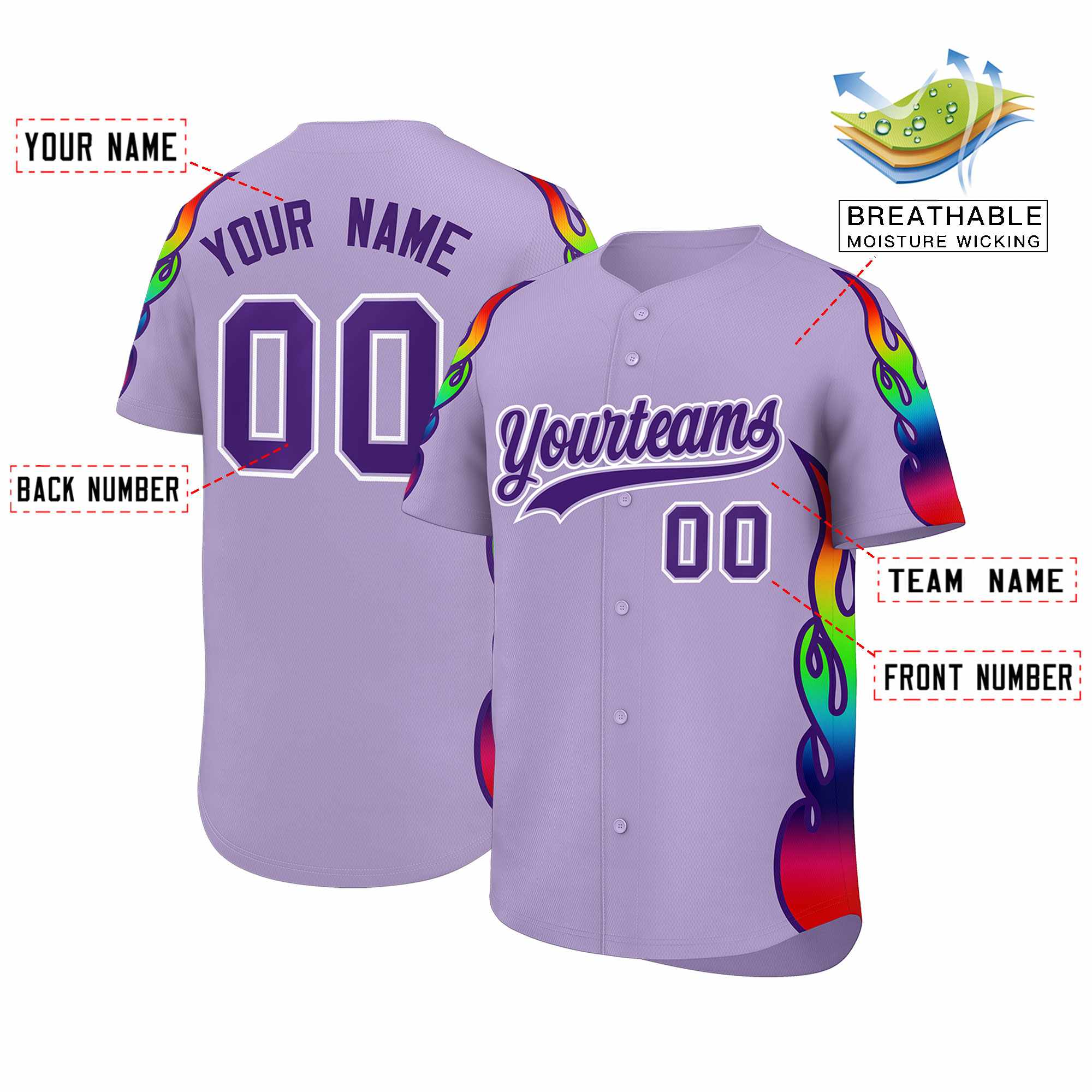 Custom Light Purple Graffiti Pattern Personalized Multicolored Flames Print Authentic Baseball Jersey| KXKSHOP