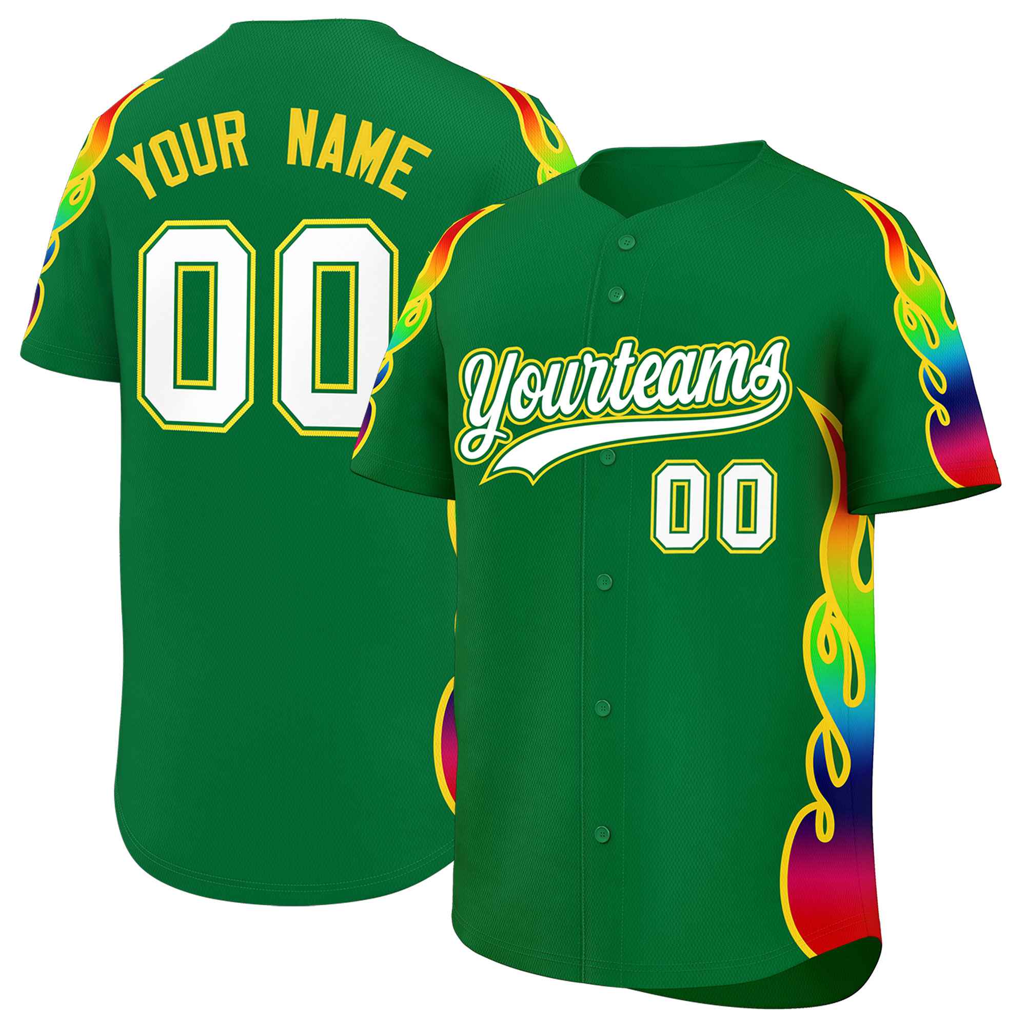 Custom Kelly Green Graffiti Pattern Personalized Multicolored Flames Print Authentic Baseball Jersey| KXKSHOP
