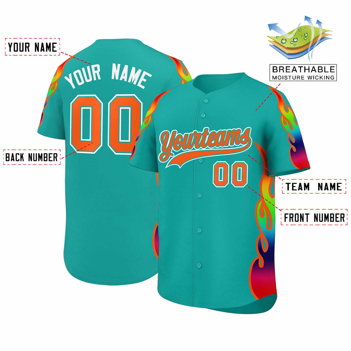 Custom Aqua Graffiti Pattern Personalized Multicolored Flames Print Authentic Baseball Jersey| KXKSHOP