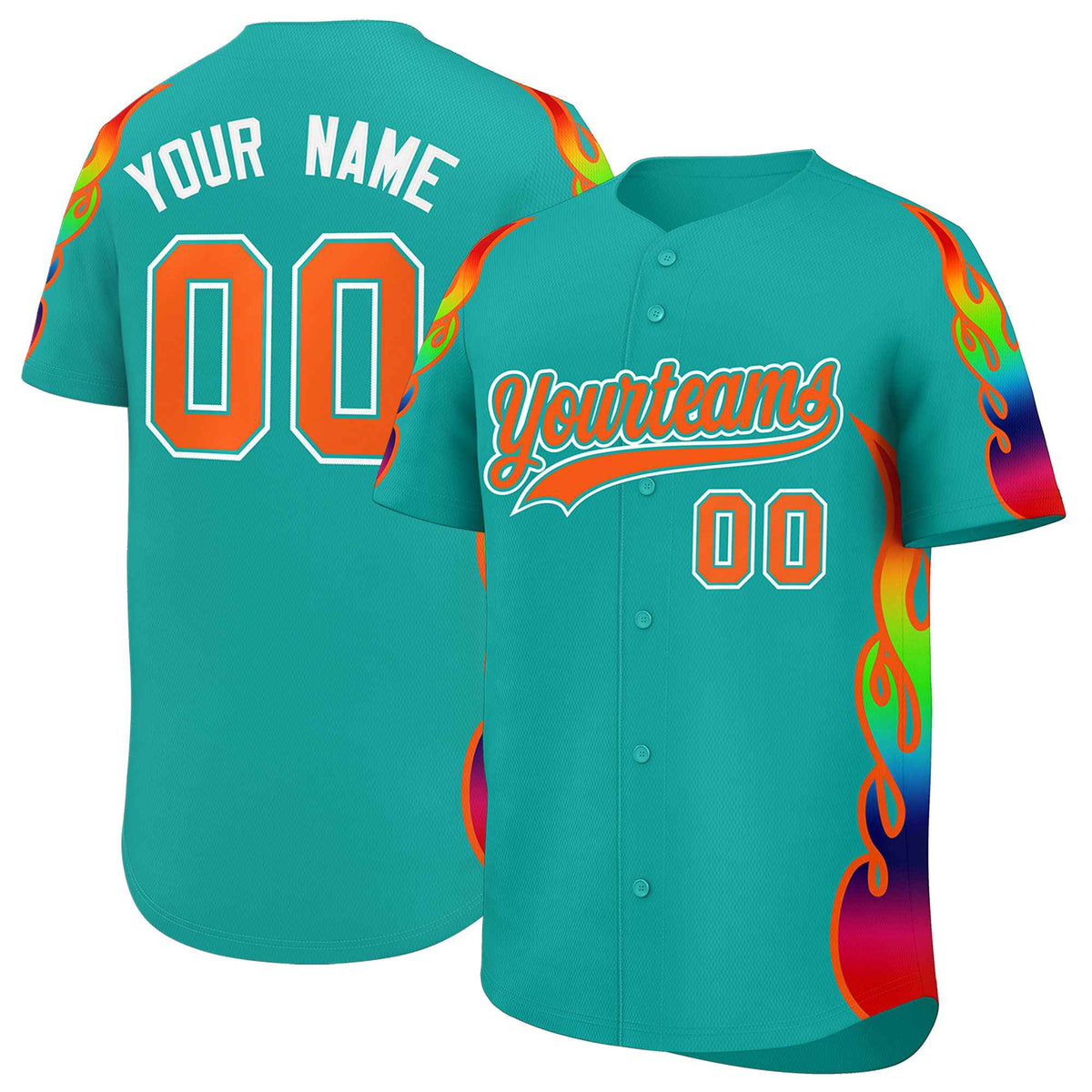 Custom Aqua Graffiti Pattern Personalized Multicolored Flames Print Authentic Baseball Jersey| KXKSHOP
