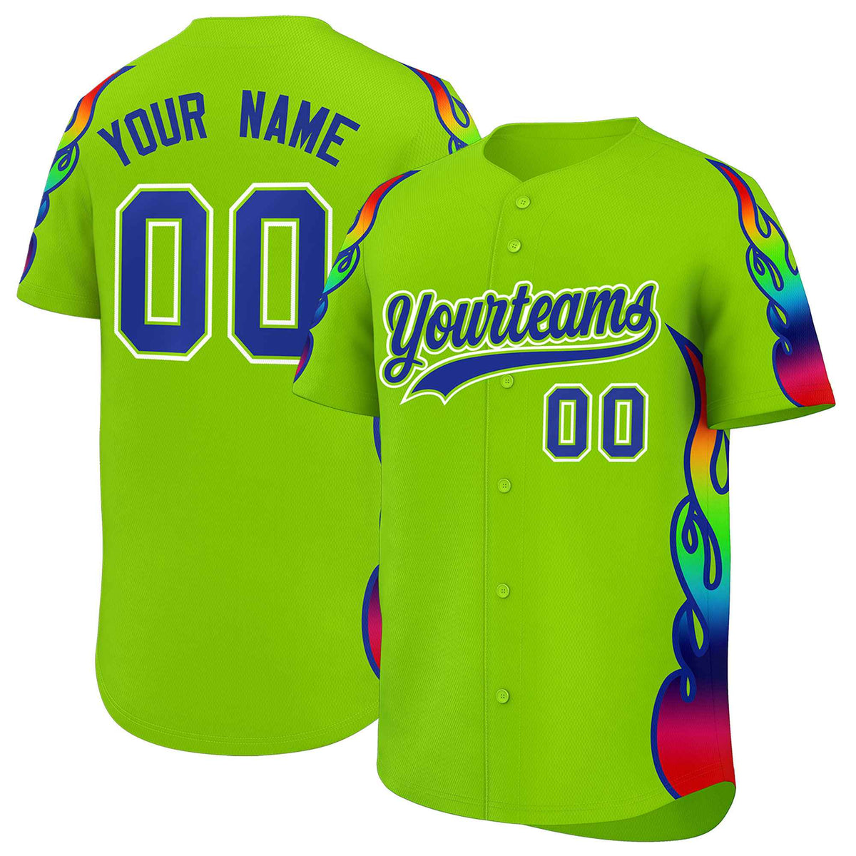 Custom Neon Green Graffiti Pattern Personalized Multicolored Flames Print Authentic Baseball Jersey| KXKSHOP