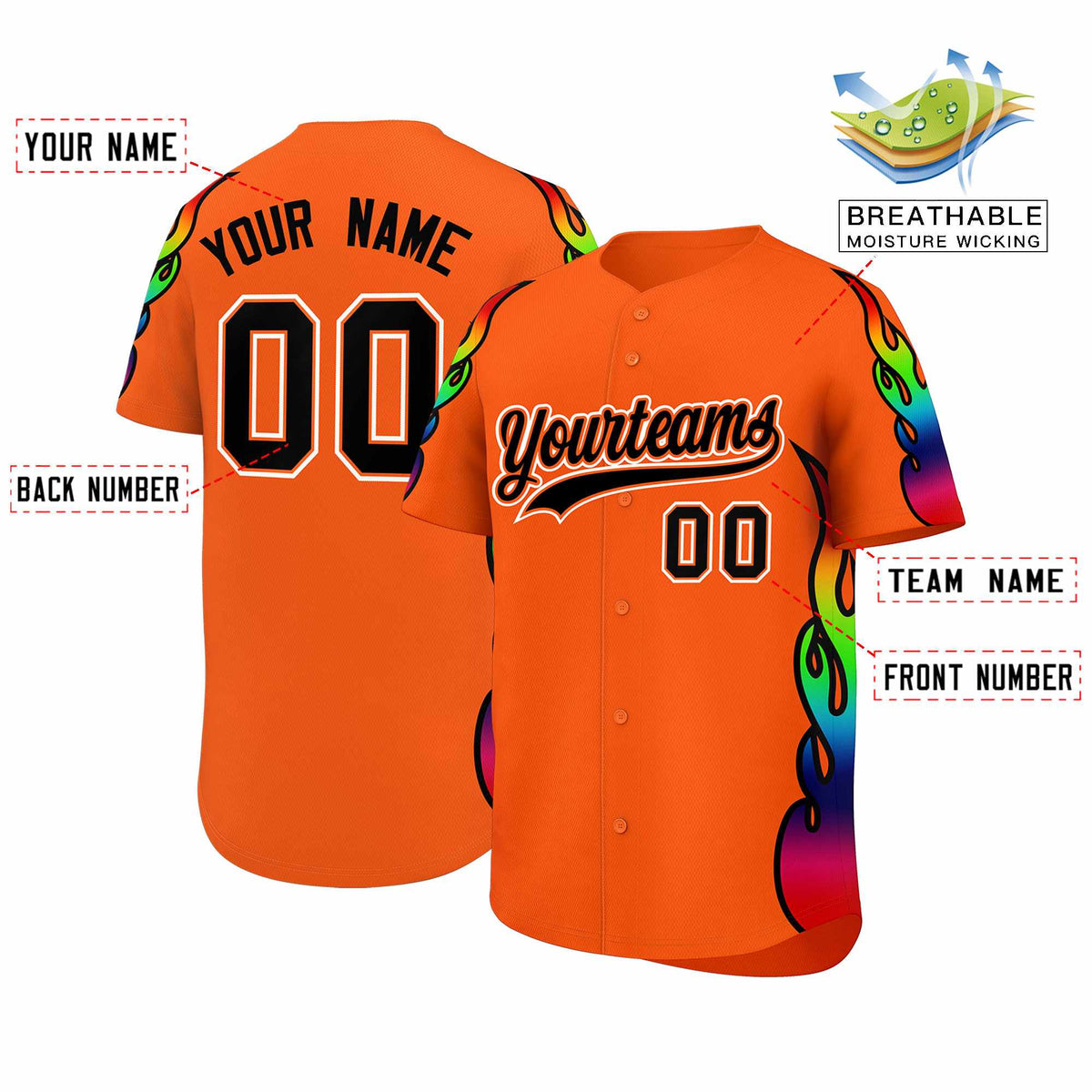 Custom Orange Graffiti Pattern Personalized Multicolored Flames Print Authentic Baseball Jersey| KXKSHOP