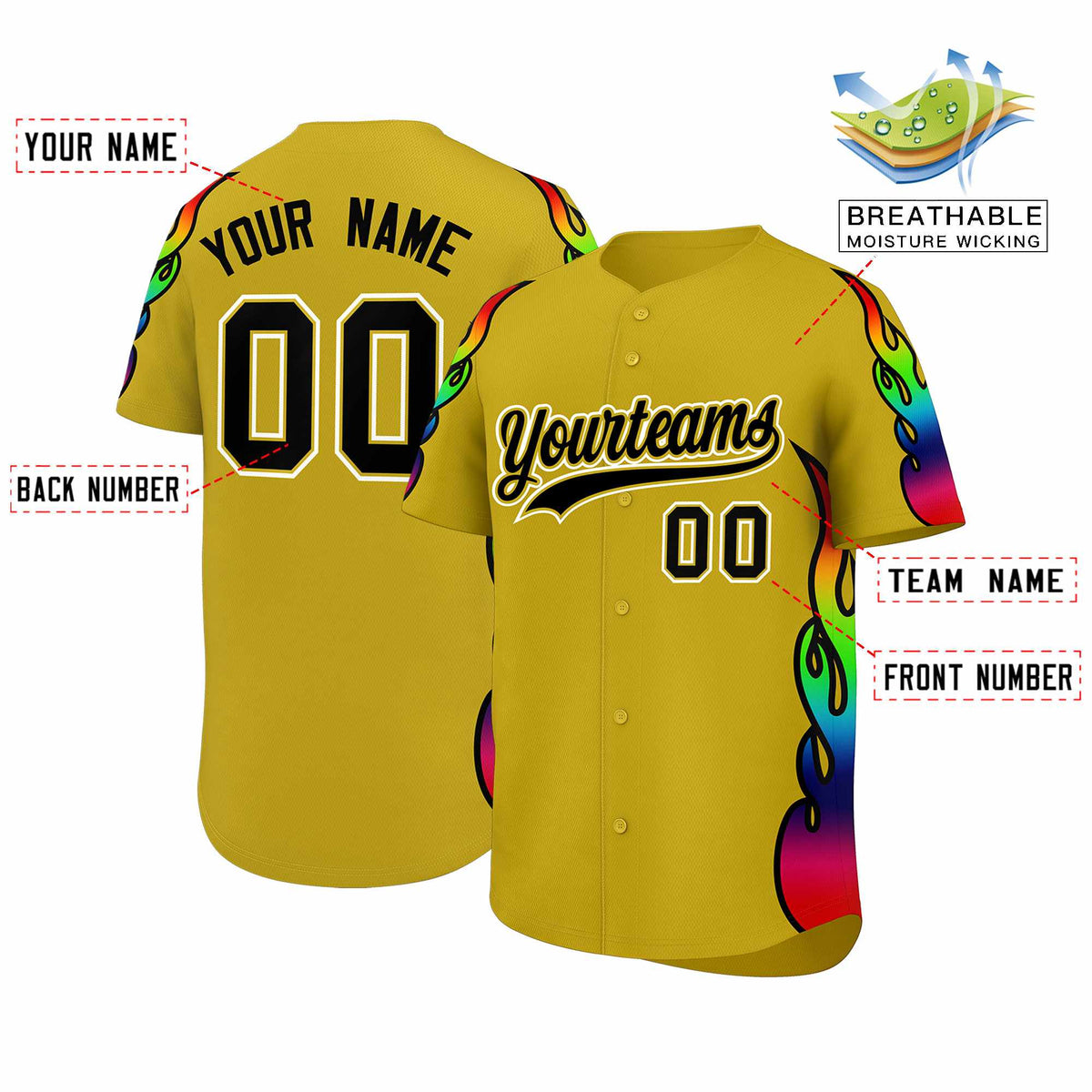 Custom Old Gold Graffiti Pattern Personalized Multicolored Flames Print Authentic Baseball Jersey| KXKSHOP