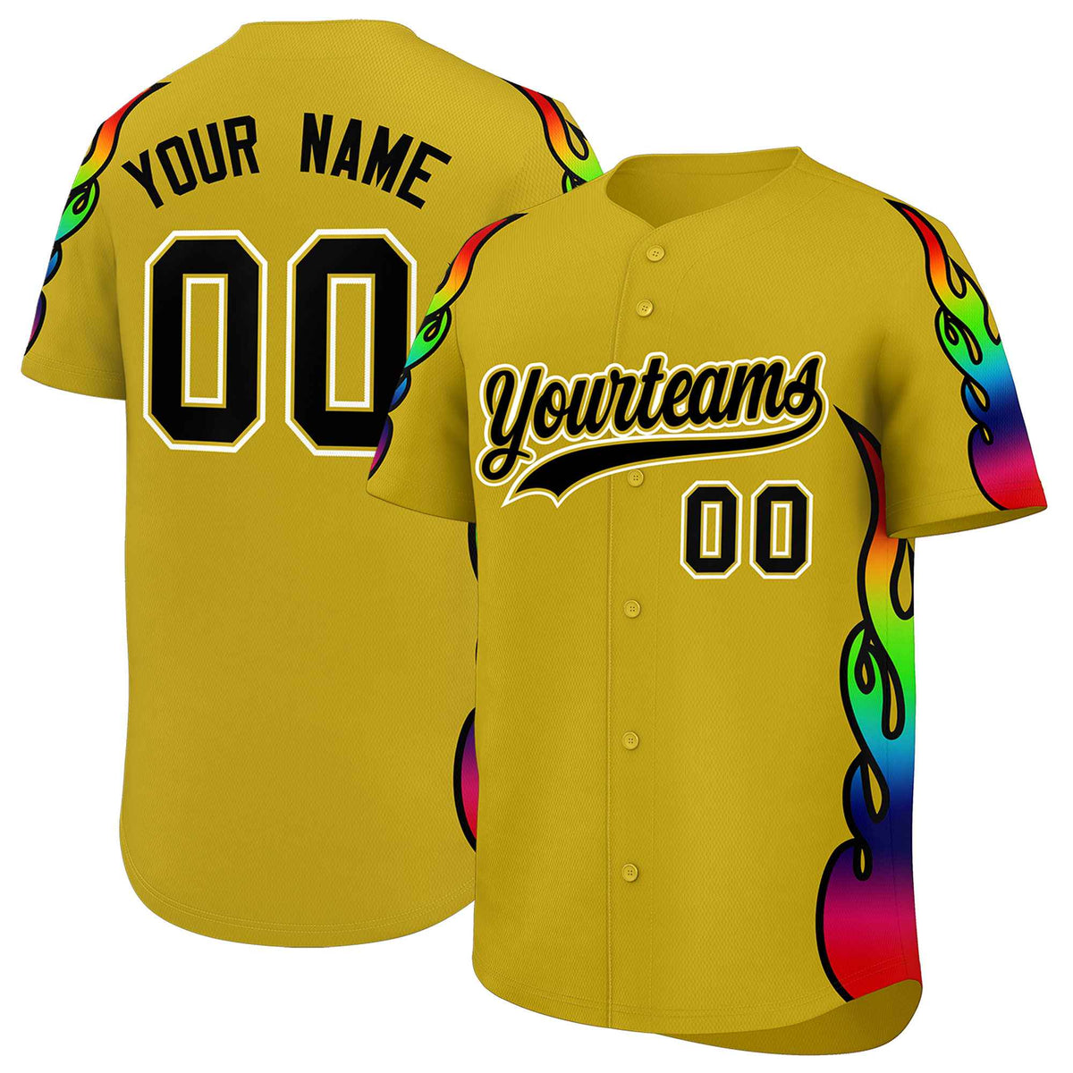 Custom Old Gold Graffiti Pattern Personalized Multicolored Flames Print Authentic Baseball Jersey| KXKSHOP