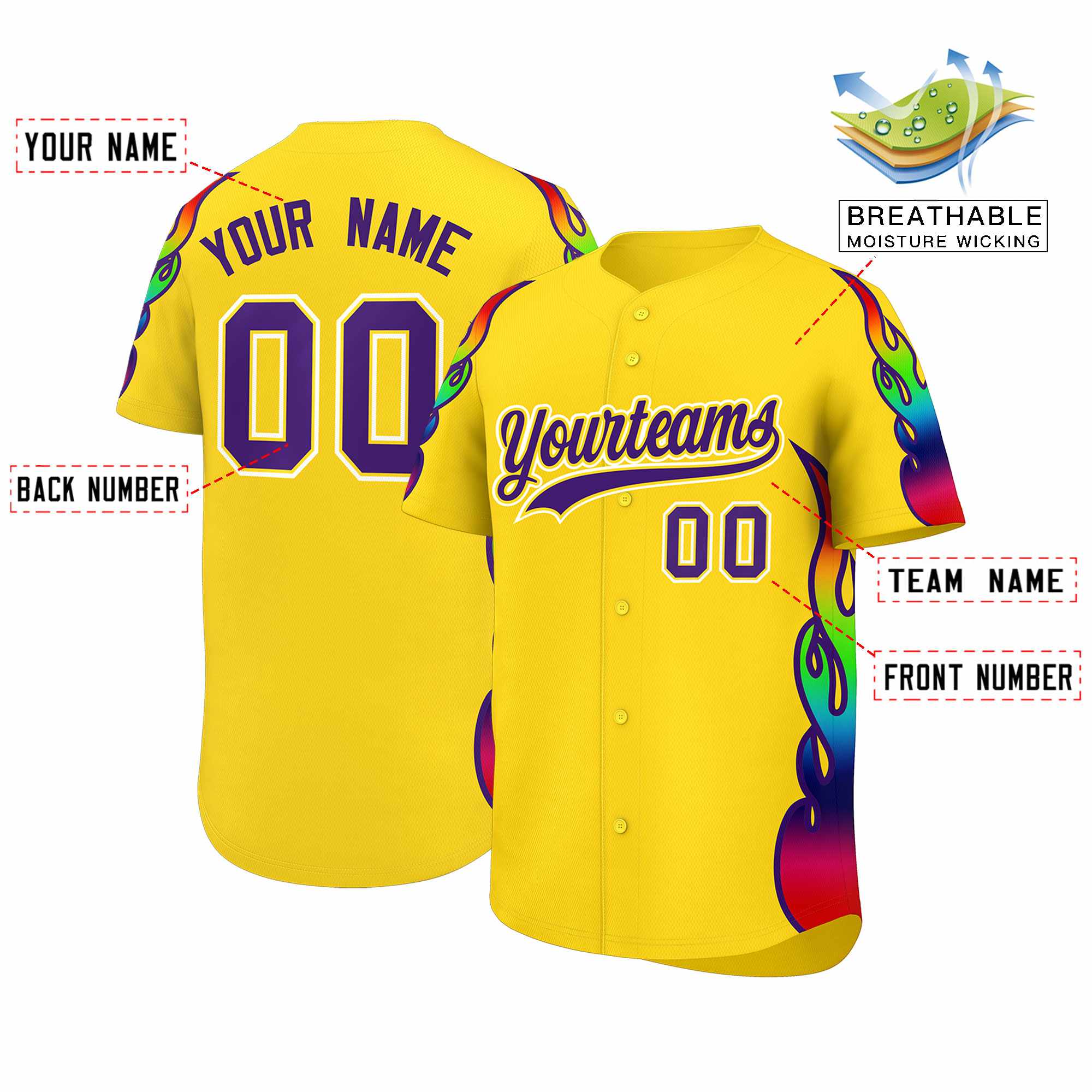 Custom Gold Graffiti Pattern Personalized Multicolored Flames Print Authentic Baseball Jersey| KXKSHOP