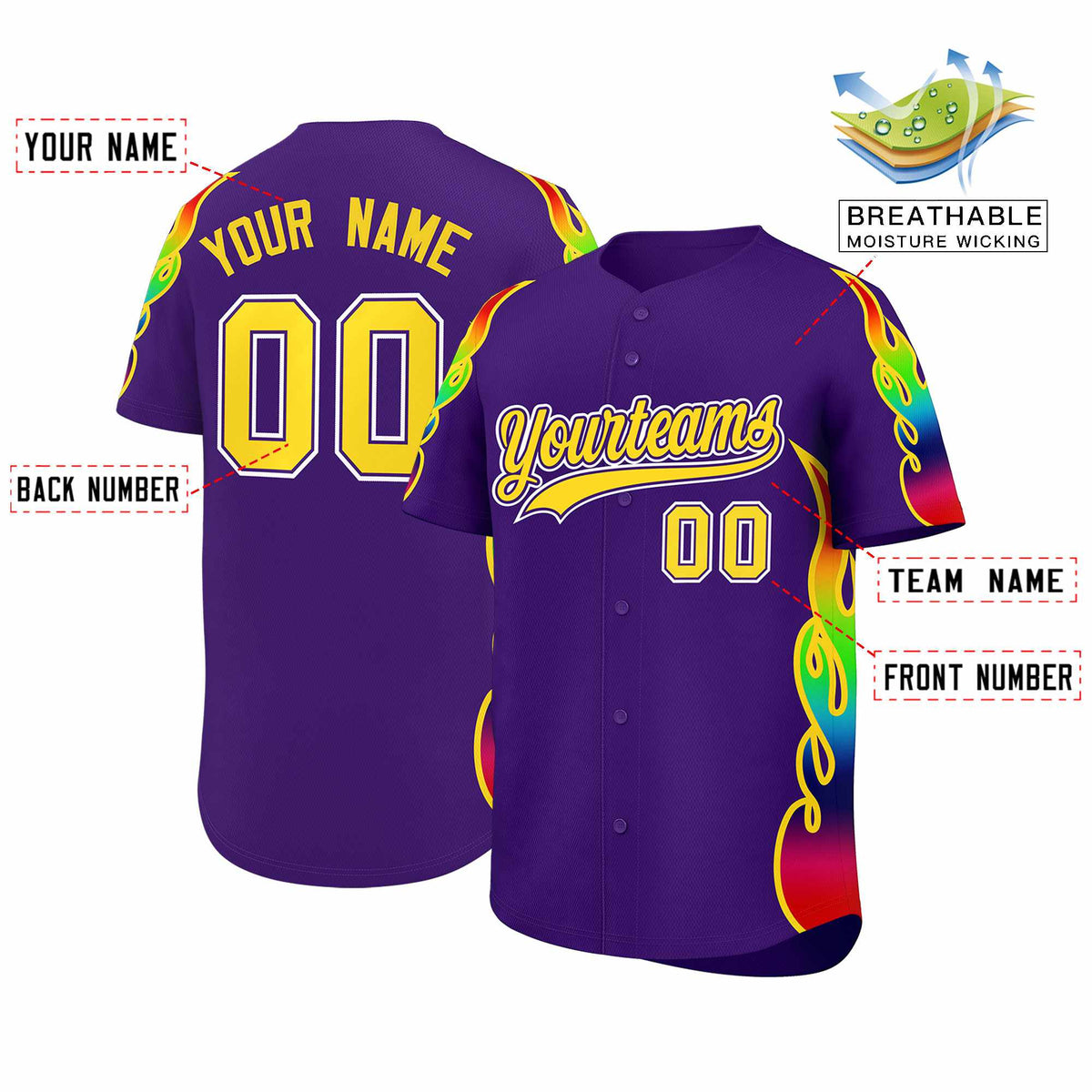Custom Purple Graffiti Pattern Personalized Multicolored Flames Print Authentic Baseball Jersey| KXKSHOP