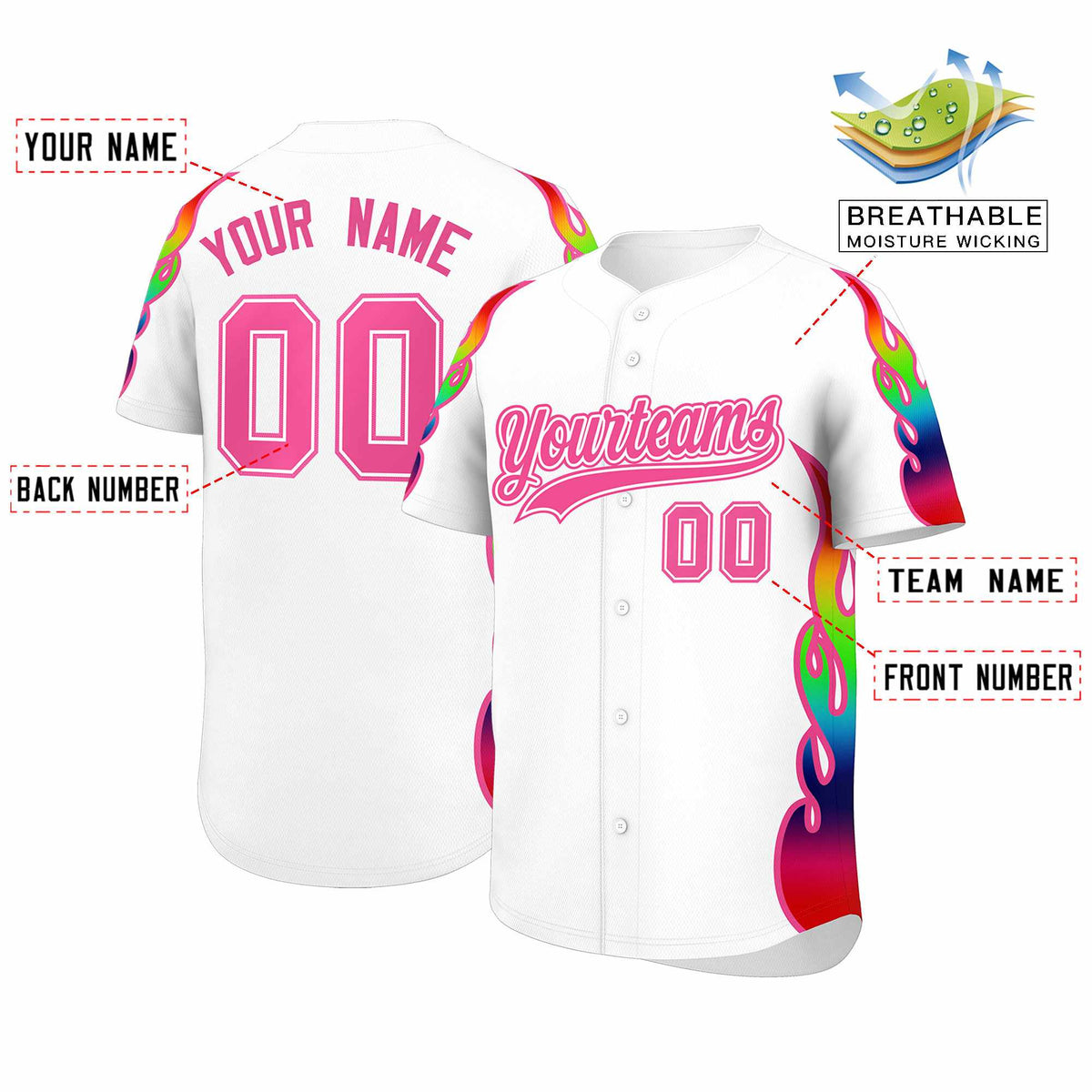 Custom White Graffiti Pattern Personalized Multicolored Flames Print Authentic Baseball Jersey| KXKSHOP